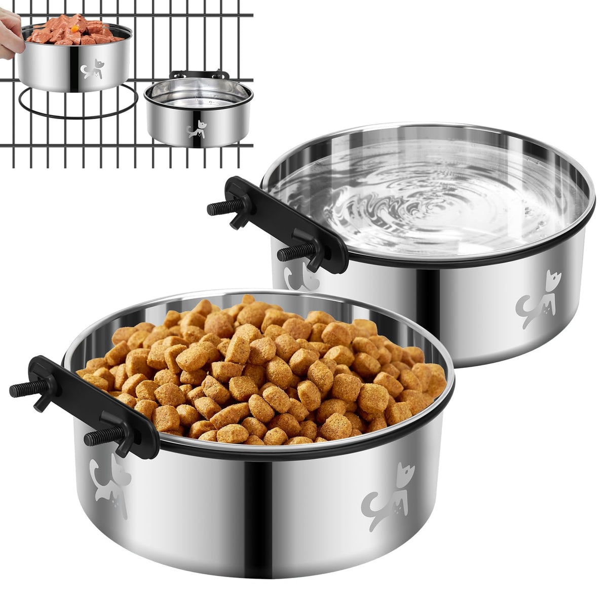 Dog Crate Water Bowl No Spill, Dog Crate Bowls Hanging 2 Pack, Kennel Water Bowl Mountable, Stainless Steel Coop Cup, Pet Cage A