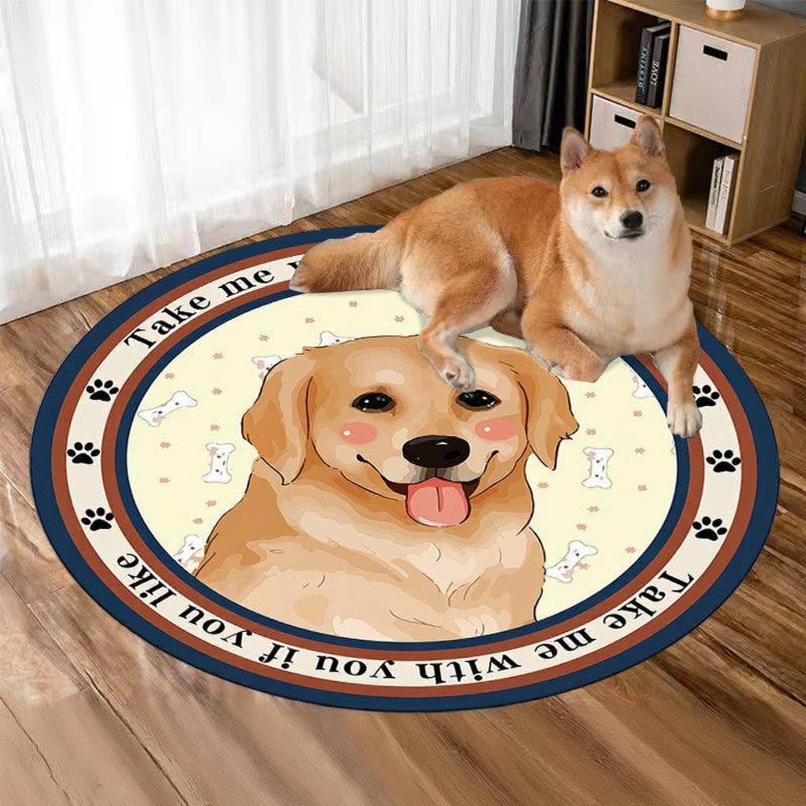 FABLOFT Round Pet Mat, Absorbent Dog and Cat Bed Mat, NonSlip, cleanable, Floor Protector 120cm Diameter Shy Golden Retriever