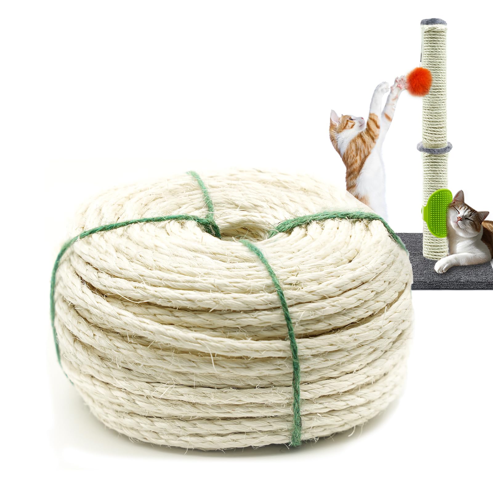 Natural White Sisal Rope For Cat Scratchers, 1/4'' Thick (164Ft) - Includes Cat Self-Groomer & Ball, Perfect For Diy Cat Posts O