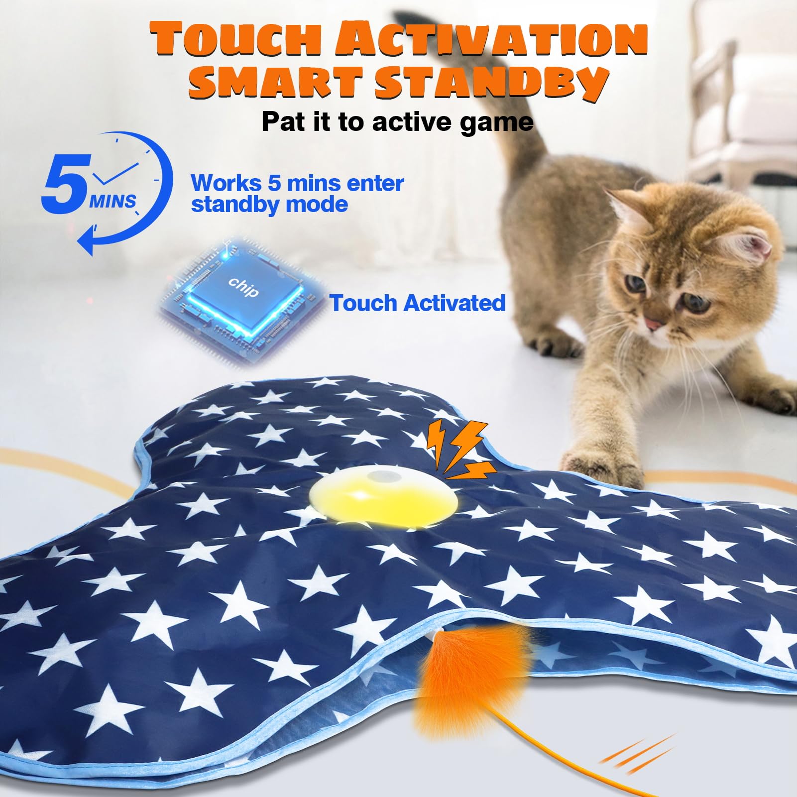 Oxawo Cat Toys Interactive Hide and Seek with Chirping, Motion Activated Cat Exercise Catching Game Moving Concealed Feathers Hi