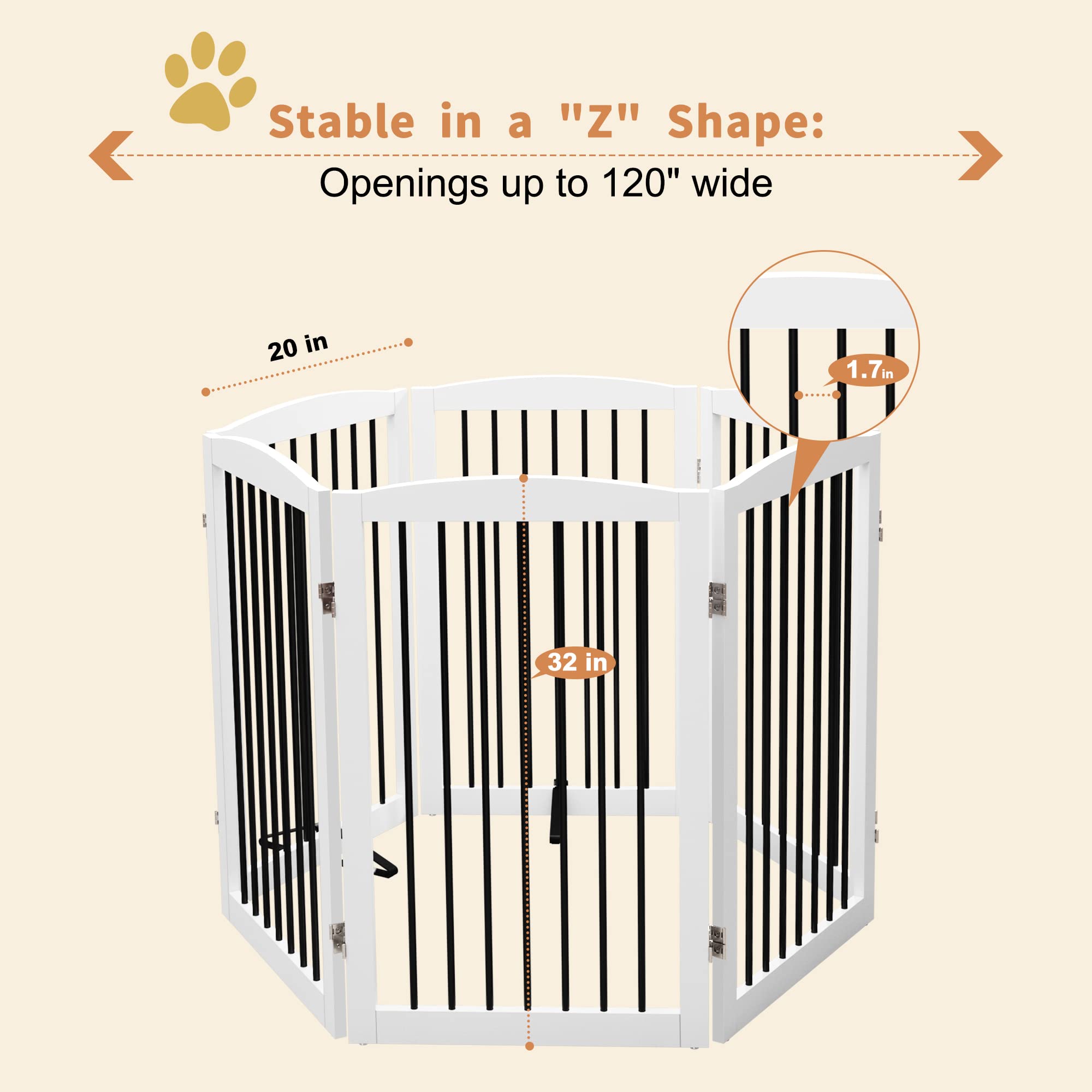 Pupetpo Freestanding Pet Gate For Dogs, Indoor Wooden Dog Gate For House, Extra Wide Dog Gate, Foldable Dog Gate For Stairs, Doorways, Halls, Support Feet Included, 120 Inch Wide, 6 Panels 32', White