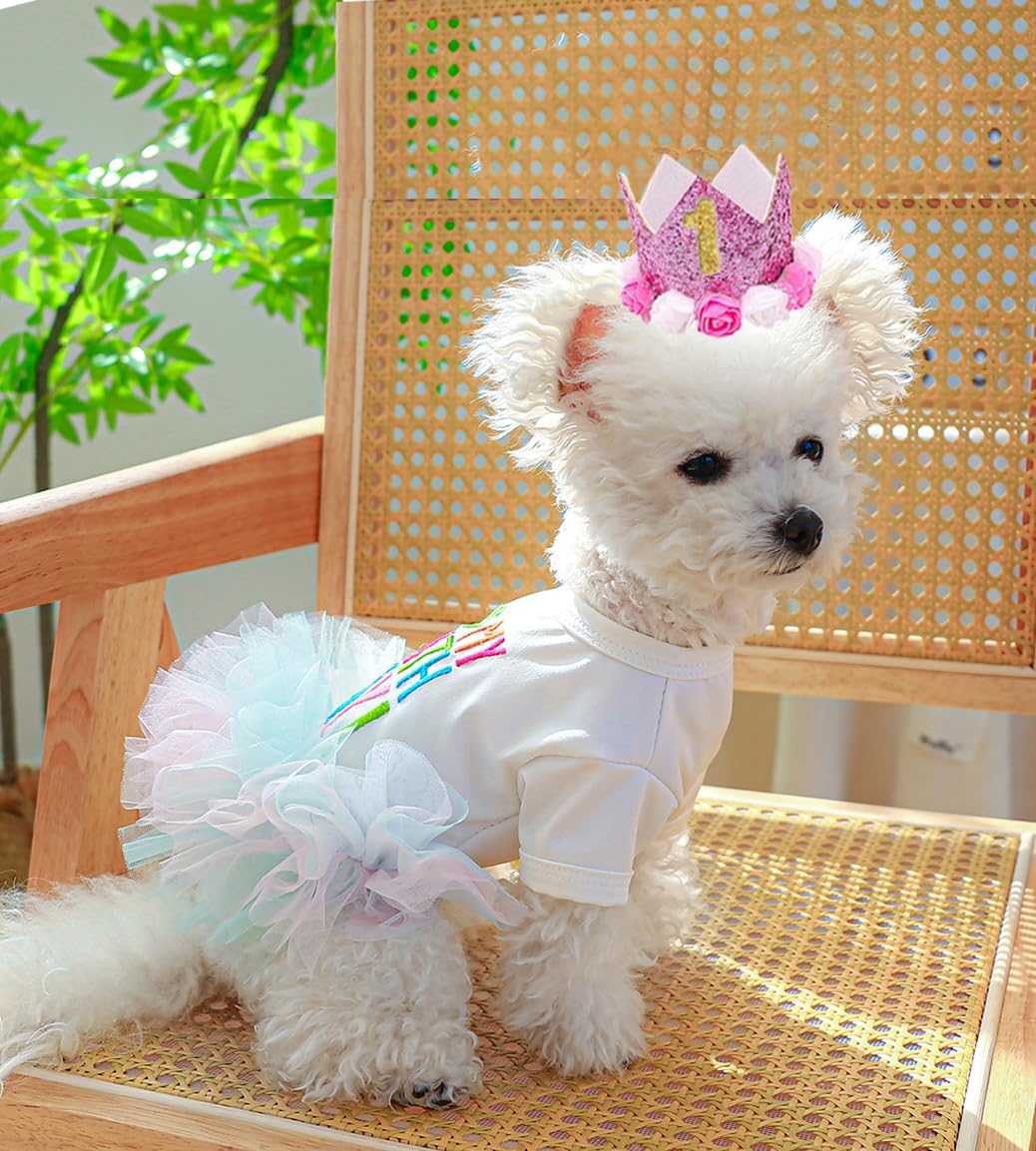 Aniac Dog Birthday Dress And Hat Set Puppy Lace Tutu Pink Pet Crown Hat With 0-9 Figures Birthday Outfit For Cats Small Dog (Whi
