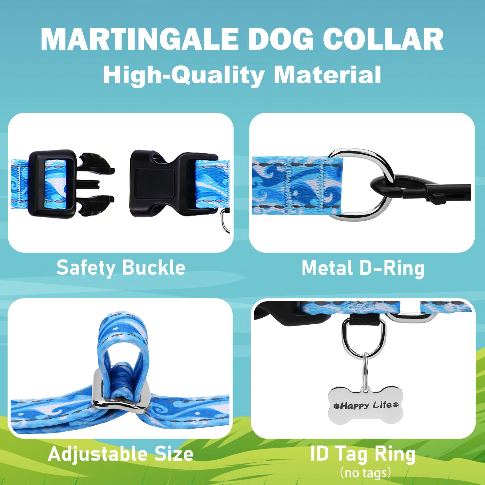 Fidohug Reflective Martingale Collar With Quick Release Buckle Anti Pulling Boy Male Adjustable Dog Collars (Blue Waves, Medium)