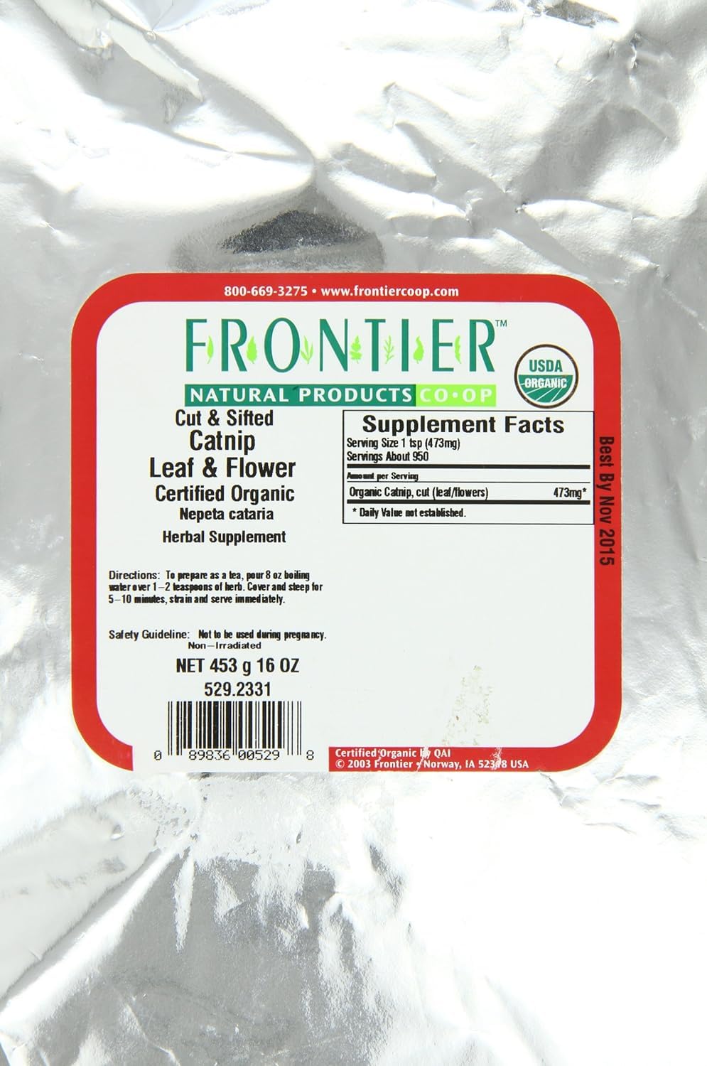 Frontier Co-op Organic Catnip, 1-Pound Bulk, Loved By Cats & Gardeners, Popular Tea Blend, Organic, Kosher