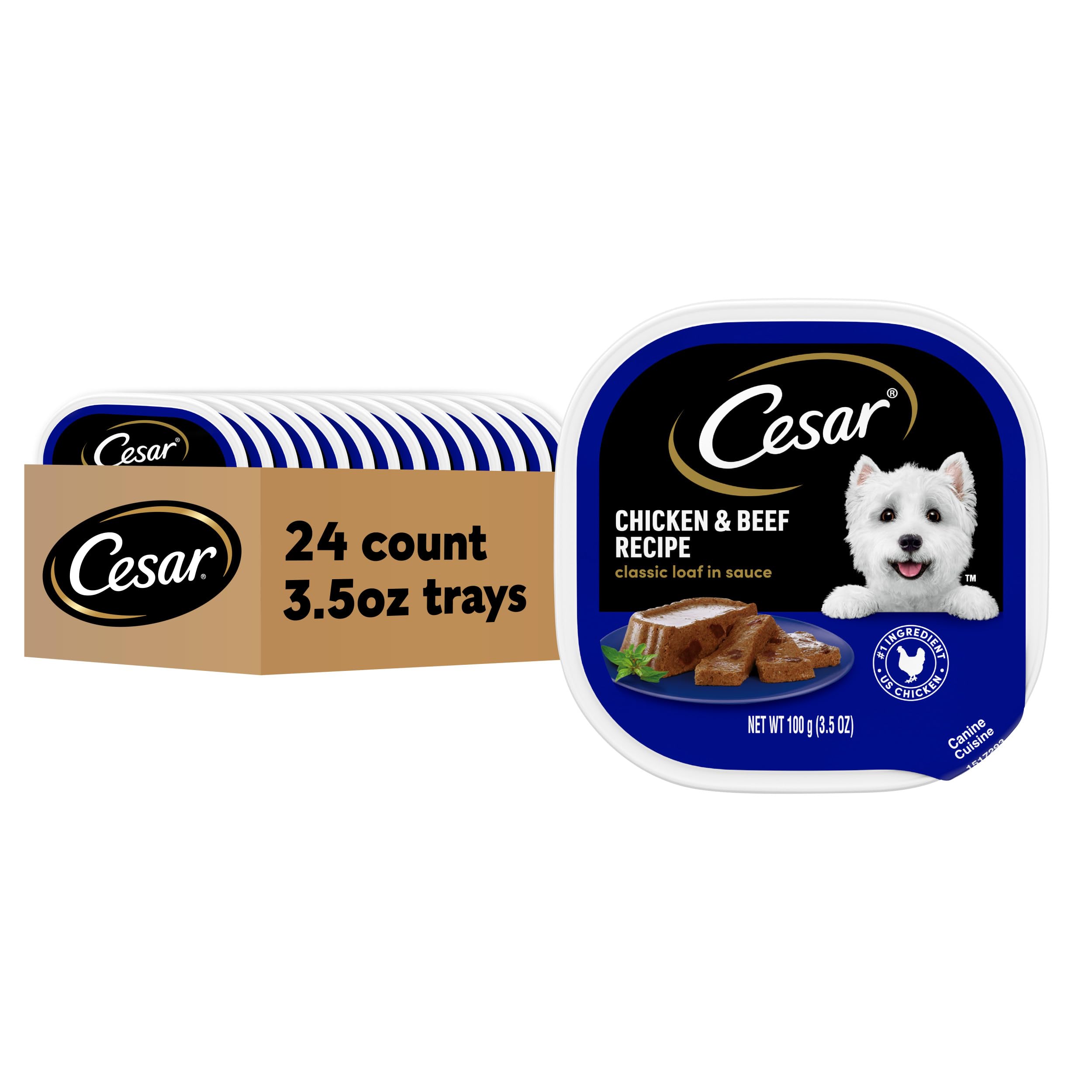 Cesar Wet Dog Food Classic Loaf in Sauce Chicken & Beef Recipe, 3.5 oz. Easy Peel Trays (24 Count, Pack of 1)