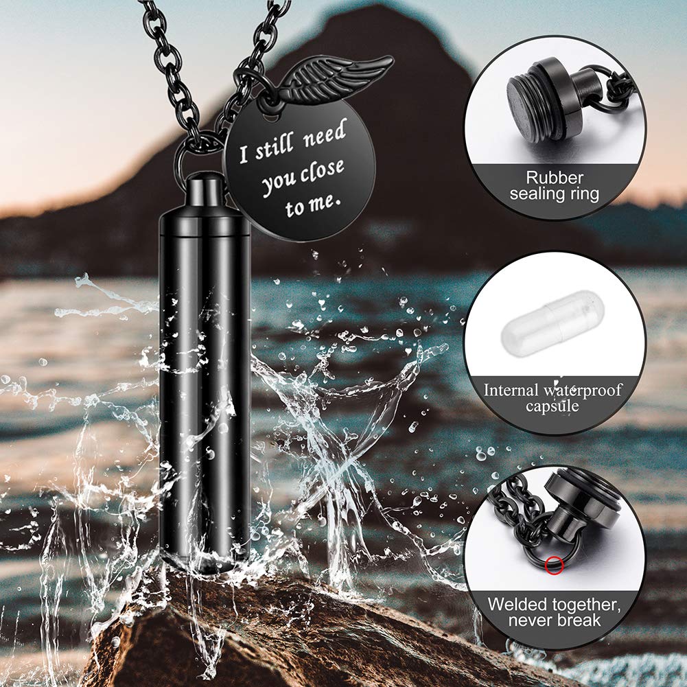 Dletay Cylinder Cremation Jewelry Urn Necklace For Ashes Memorial Ashes Necklace With Angel Wing Charm Memorial Keepsake For Pet Human-I Still Need You Close To Me