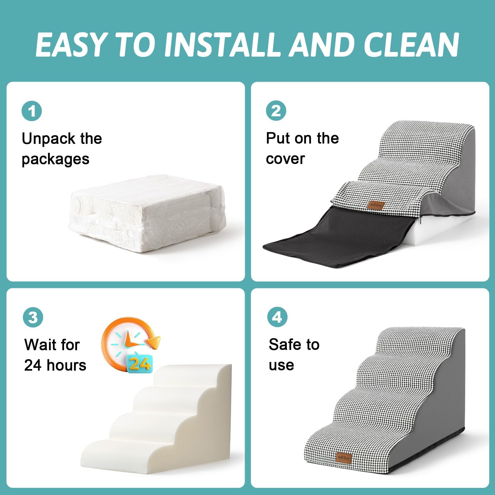 COZY KISS Dog Stairs, 3 Step Foam Ramp for Small Dogs & Cats, 15.7" H, White Black, Curved Design for Couch or Chair