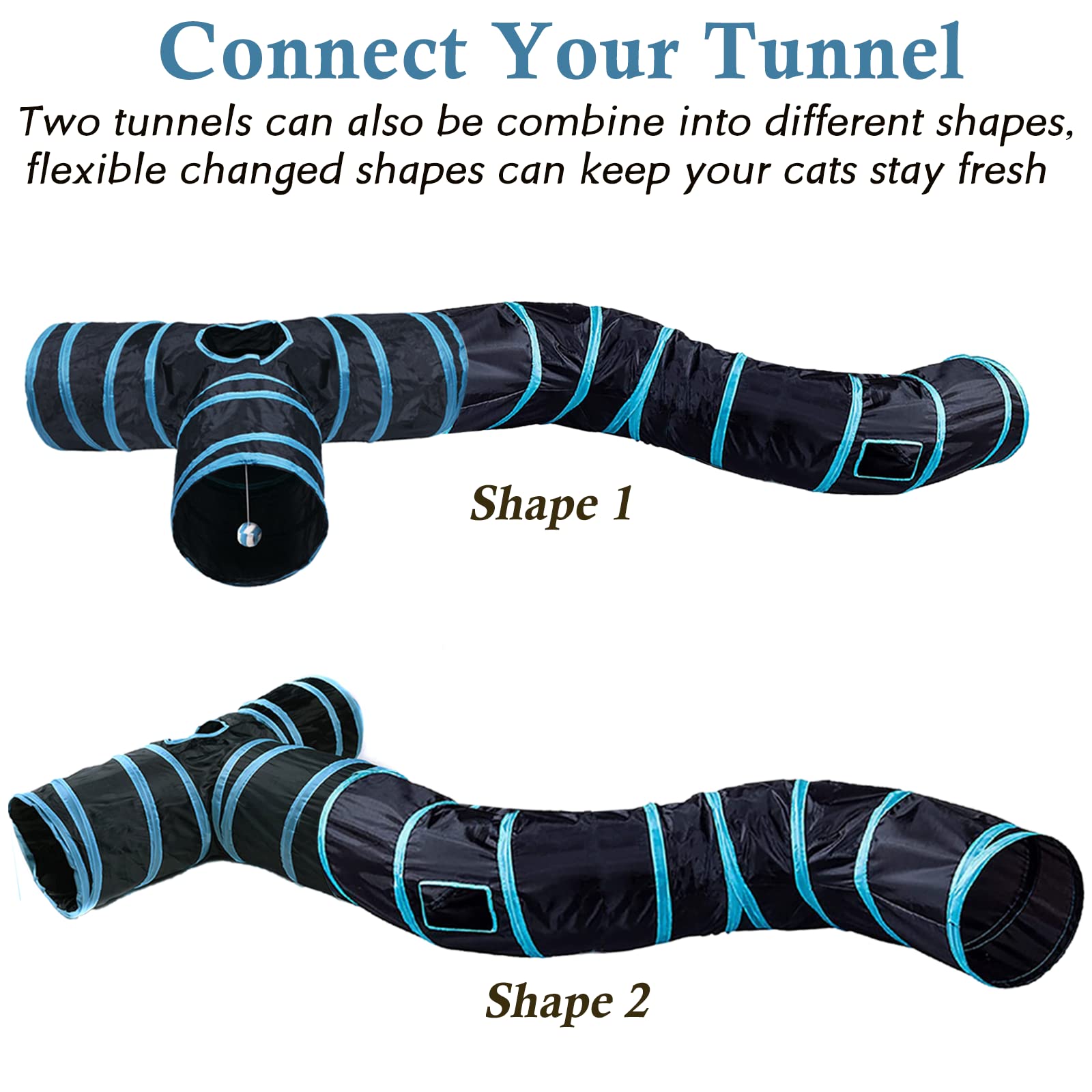 Cat Tunnel Tube, Long Collapsible Tunnels Indoor With Peek Hole, 2Pack S-Shaped & 3Way Tubes Maze Play Toy Black For Cat Kitten