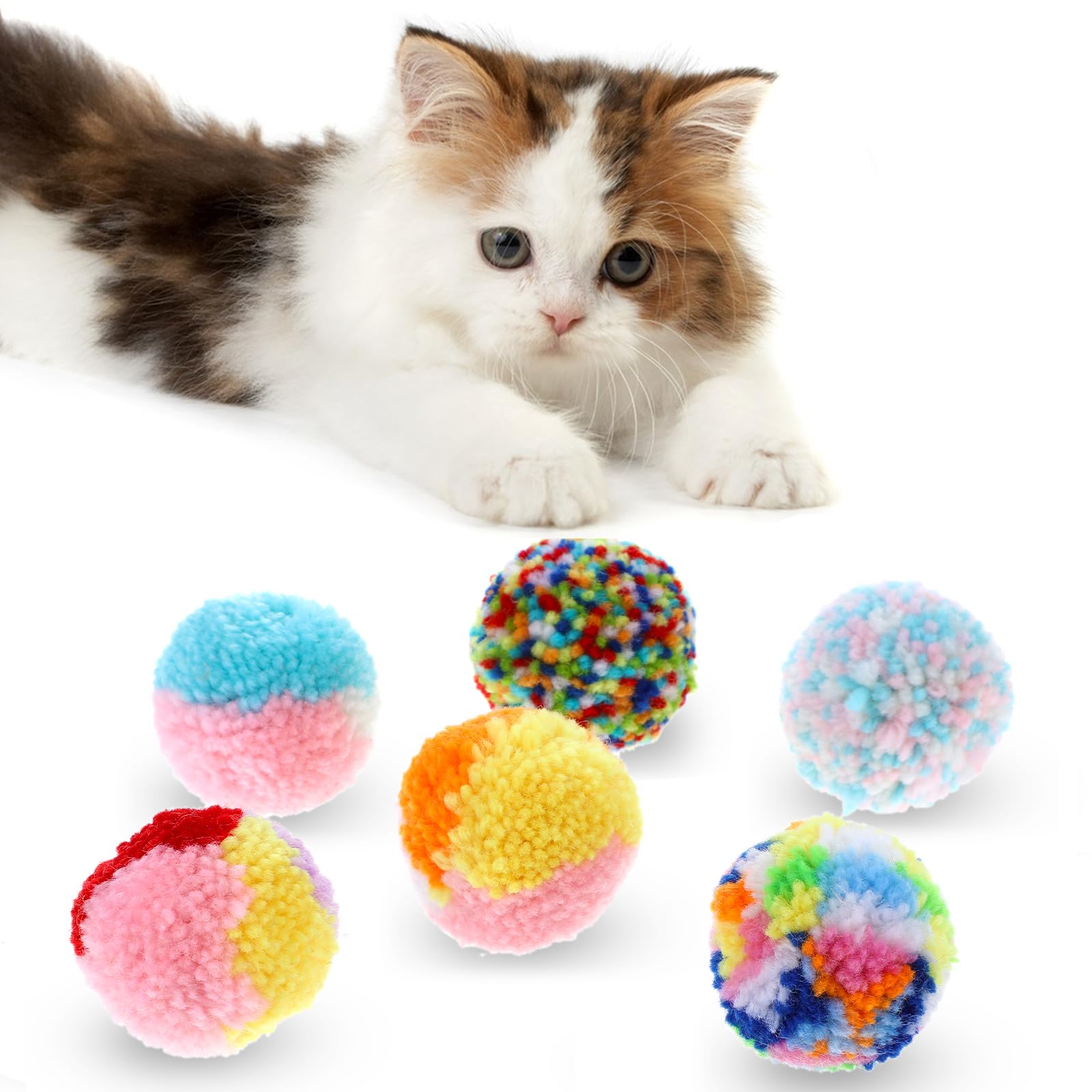 6 Pcs Soft Plush Cat Ball 2 Inch Rainbow Cat Toy Colorful Pom Pom Small Plush Kitty Soft Woolen Yarn Puffs For Indoor Cats Kitte