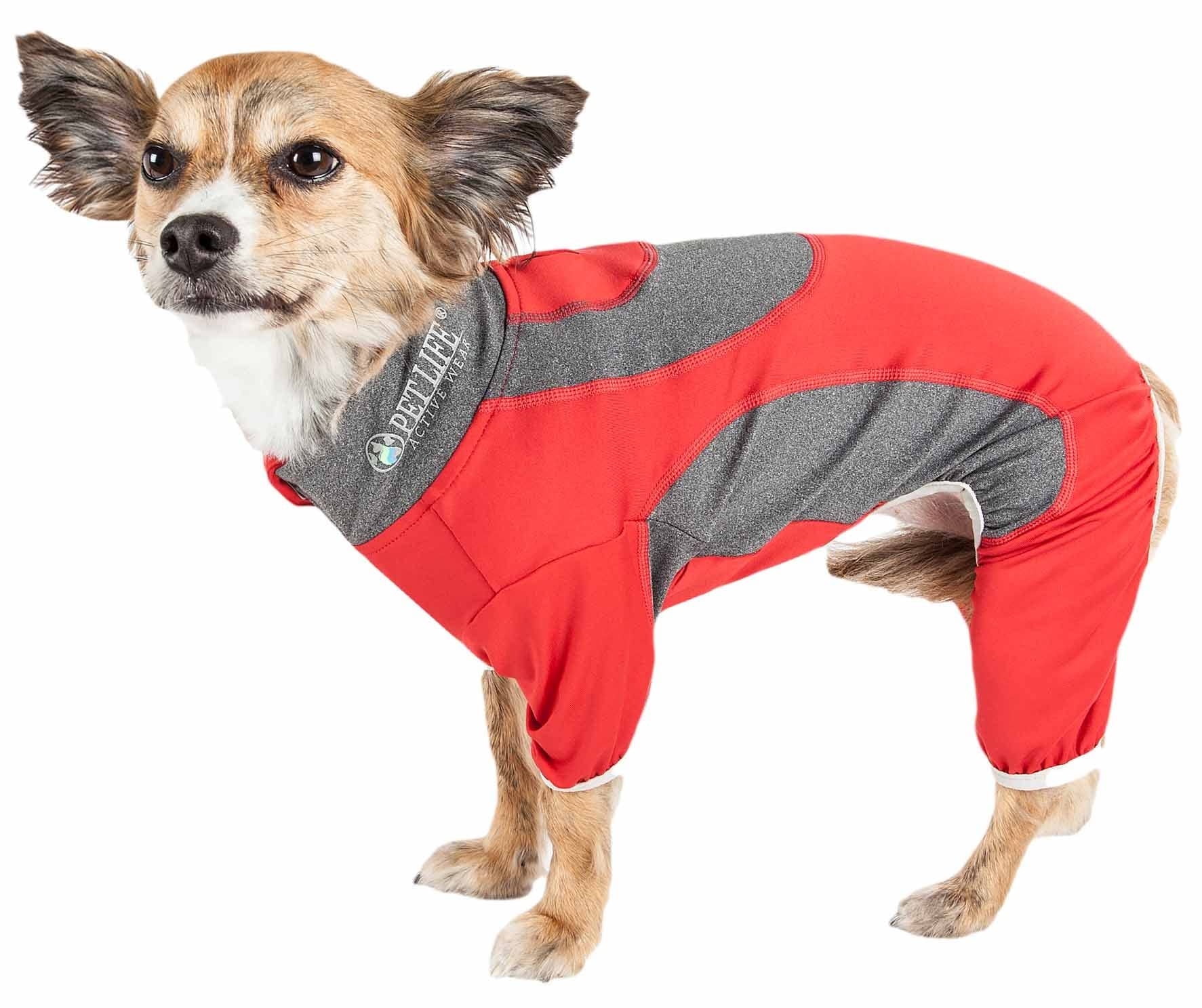 Pet Life ?Active 'Warm-Pup' Heathered Performance 4-Way Stretch Two-Toned Full Body Warm Up, X-Small, Red