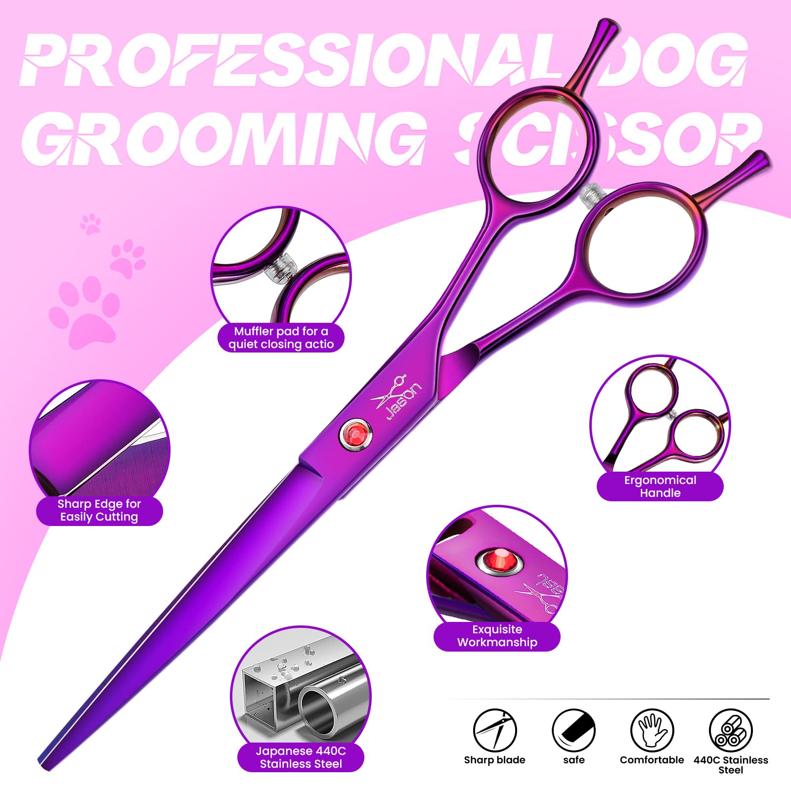 JASON Dog Grooming Scissors Kit, Professional 6 in 1 Dog Scissors Sharp Shears Set - Straight, Thinning, Chunker, Curved Shears