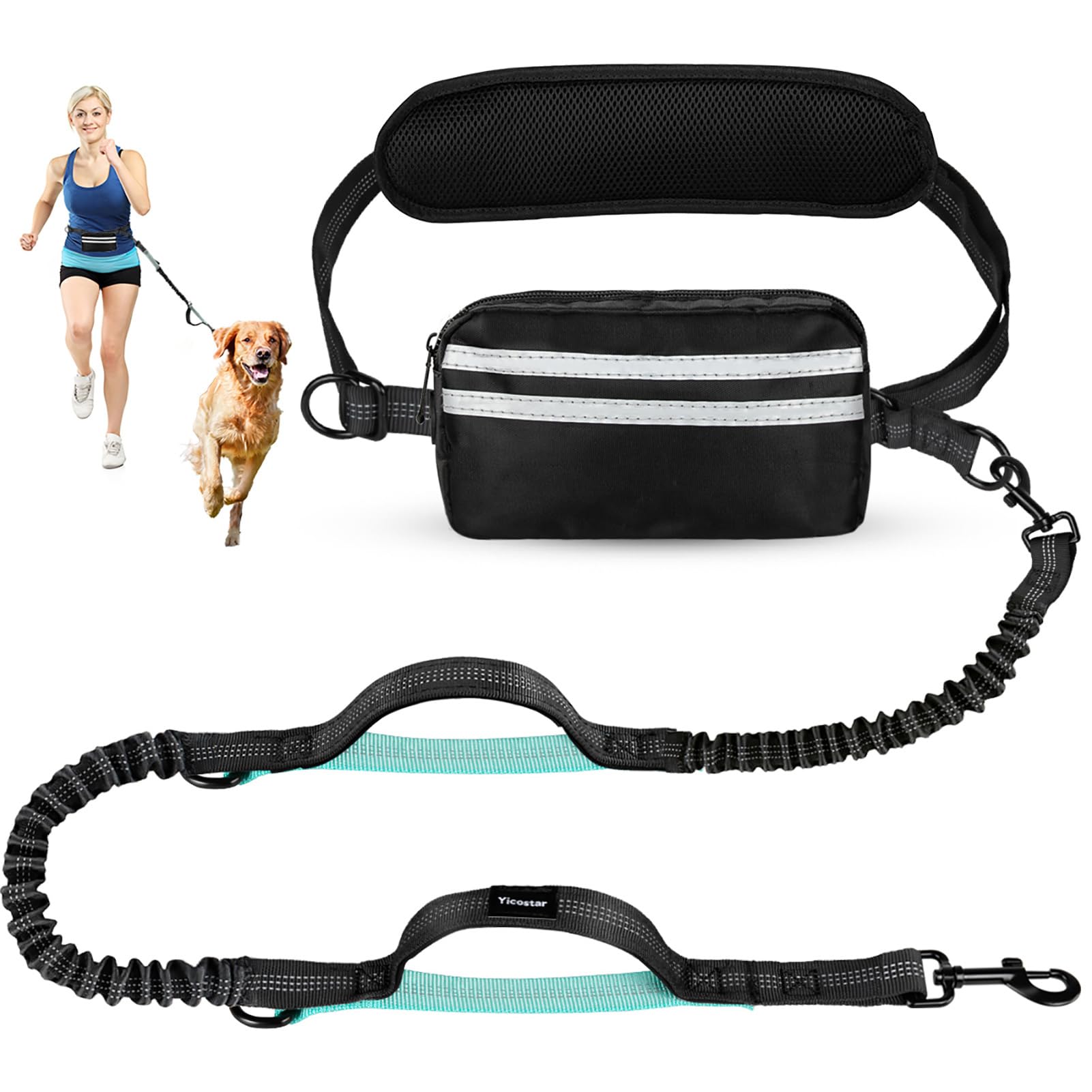 Yicostar Hands Free Dog Leash, Retractable Bungee With Double Padded Handles, Waist Leash For Dog Walking, Heavy Duty For Large 