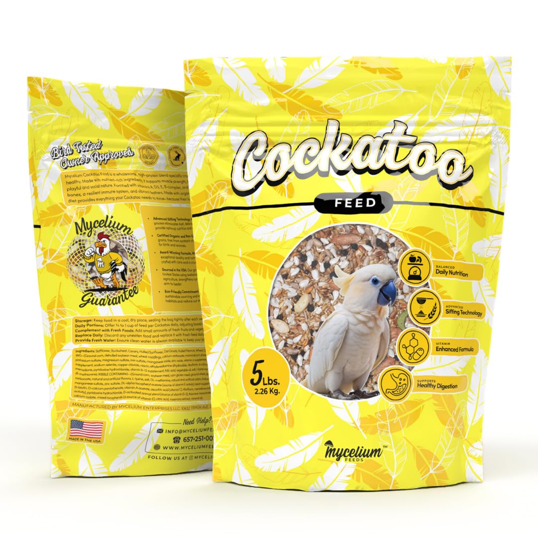 Mycelium Organic Cockatoo Bird Seed (5 LB Bag) | High-Protein Bird Food with Seeds, Pellets & Kibble | Supports Feather Health,