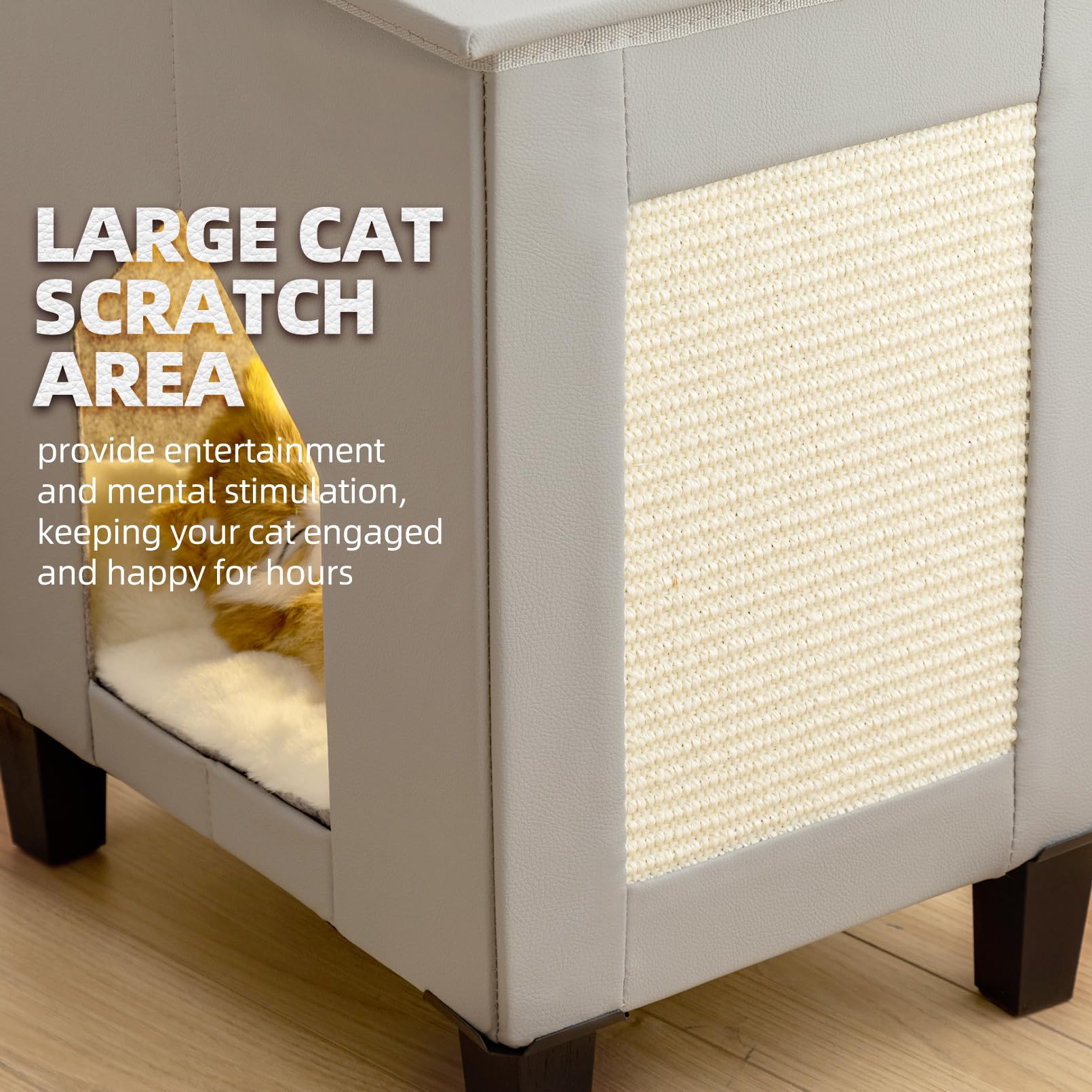 Nuromy Cat Condo & Hideaway - Large Scratch Pad, Leather Cat Bed & Side Table, Grey
