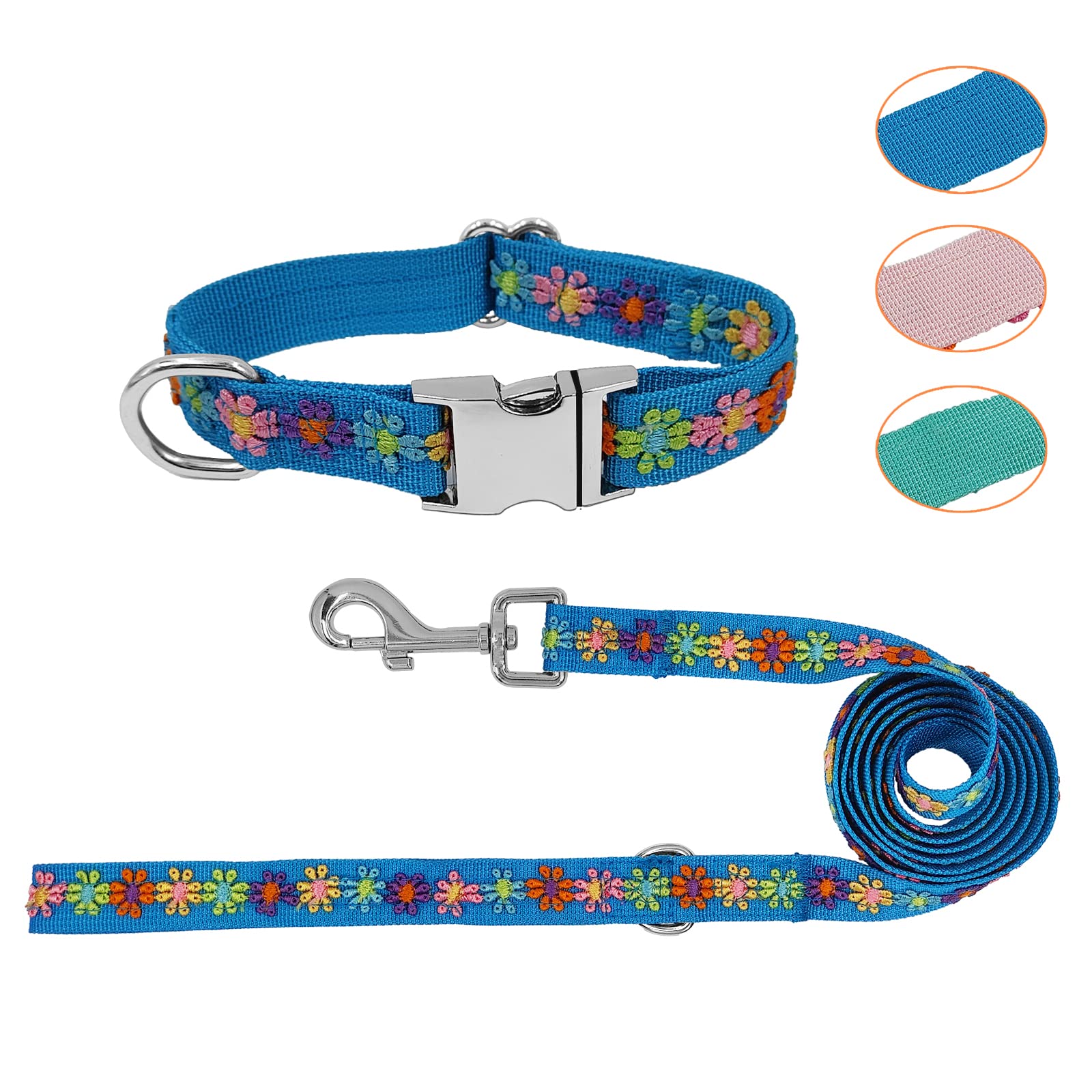 Ginidear Dog Collar And Leash Set For Girl Dogs With Cute Embroidery Lace Flowers For Daily Outdoor Walking, Adjustable For Smal