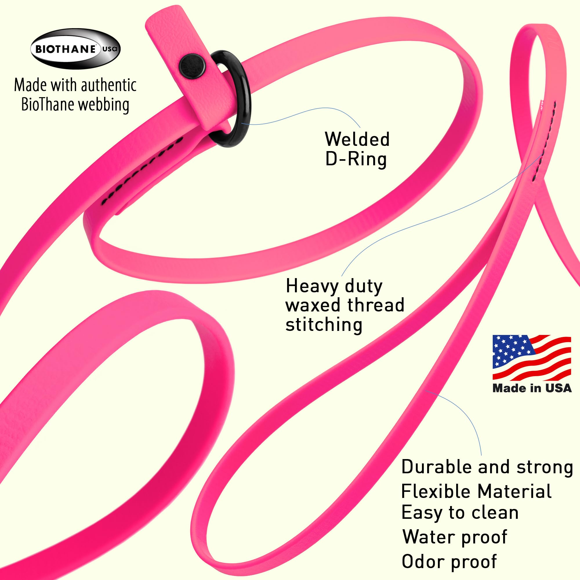 Dogline Biothane Slip Dog Leash - For Small, Medium And Large Dogs - Odor Free Slip Lead, Heavy Duty And Durable Material Kennel Lead - Passionfruit Pink - 5Ft L X 3/8In W