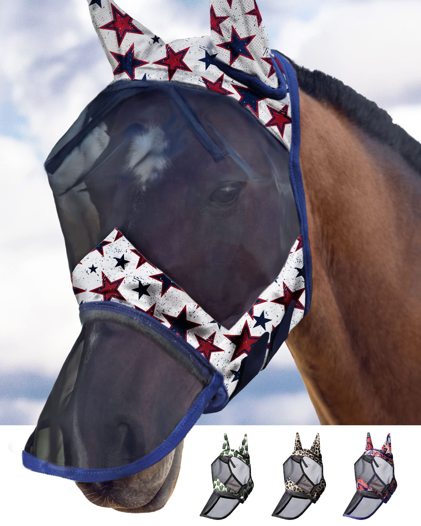 Harrison Howard LumiVista Horse Fly Mask Long Nose with Ears UV Protection for Horse Dream Star M Cob