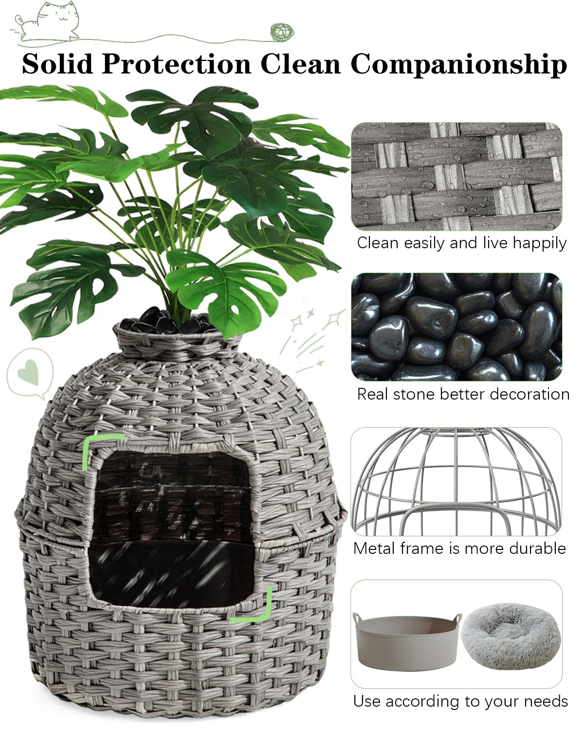 Setvson Cat Litter Box Plant Furniture Hidden Cat Litter Box With Artificial Plants, Handwoven Rattan Cat Litter Box Enclosure W