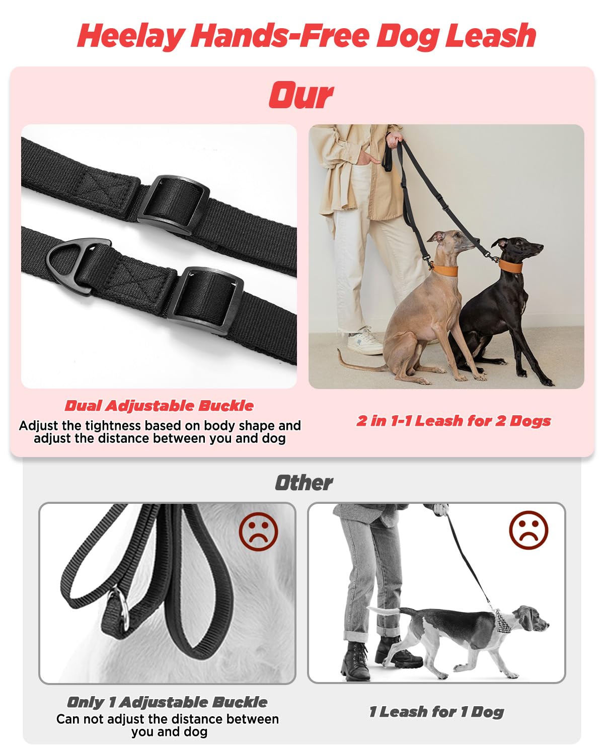Hands Free Dog Leash for All Shapes,6.5-9.8ft Dual Adjustable Dog Leash,Crossbody Dog Leash with Padded Handle for Dog Walking,L