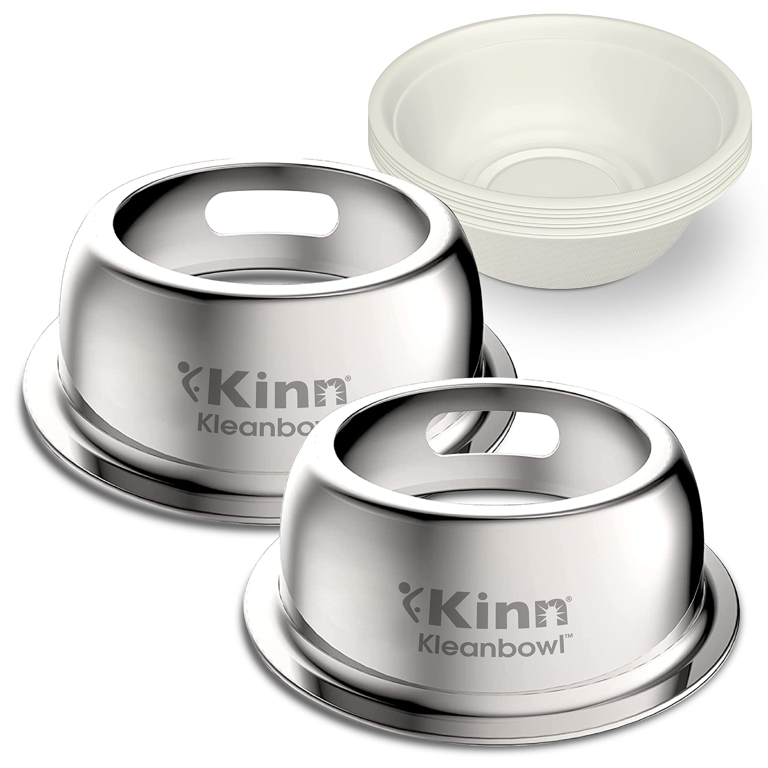 Kinn Kleanbowl Pet Bowl Stainless Steel Frame with Compostable Refills, 32 oz (Pack of 2) - Spill-Proof Stable Disposable Pet Bo