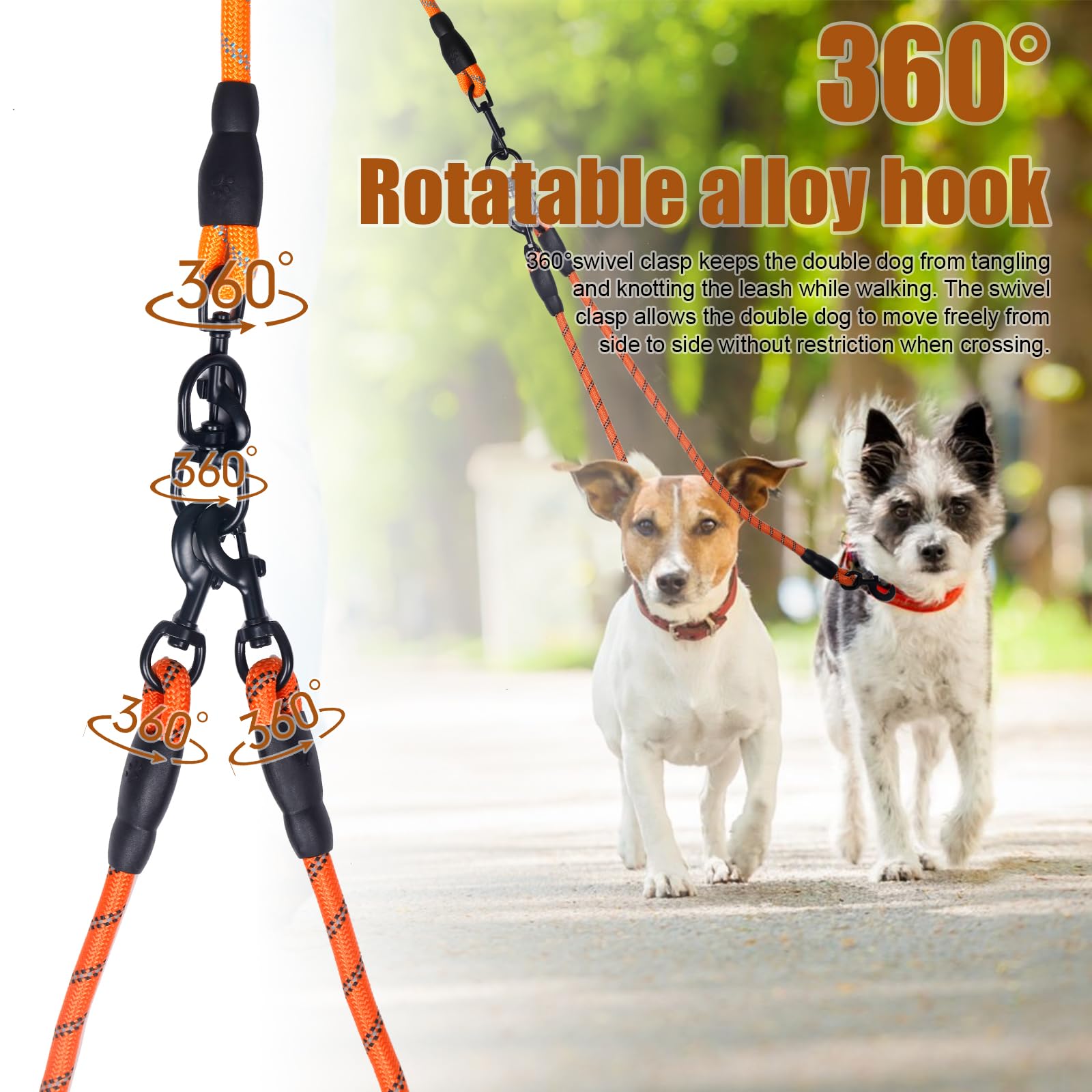 Dual Leash - Exceptional 360 Anti-Tangle & No Pull Leash For Small & Medium Dogs - Double Handle & Reflective - Orange, 2 Way