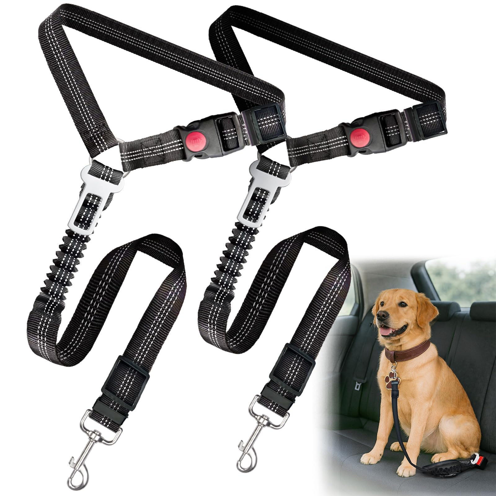 2-Pack Dog Car Seat Belt, 3-in-1 Headrest-Mounted Dog Seatbelt for Car, Adjustable Nylon Pet Safety Leash with Elastic Buffer & 