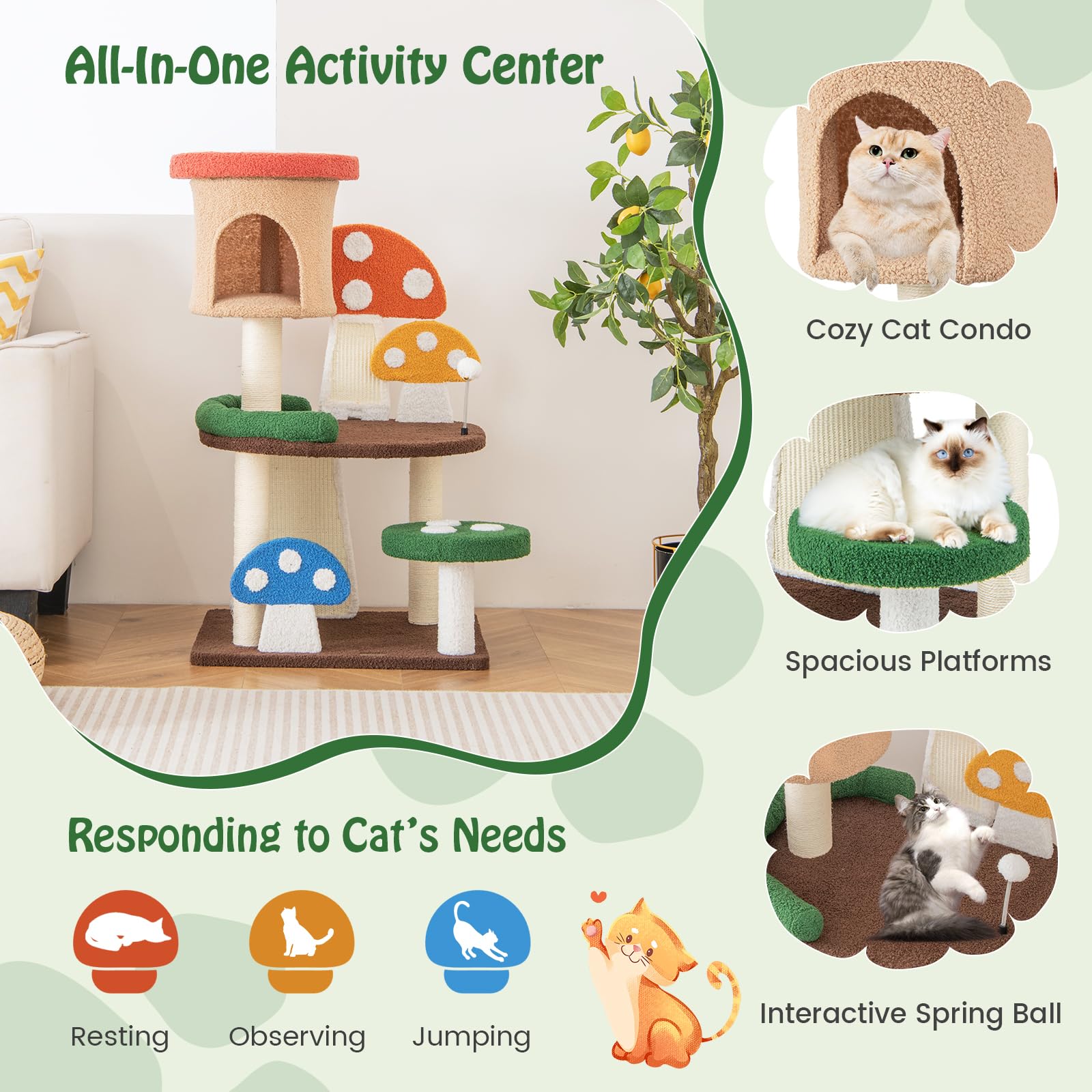 Tangkula Mushroom Cat Tree, Cute Cat Tower With Full-Wrapped Sisal Post, Scratching Board & Spring Ball, Cat Condo, Flower Cat T