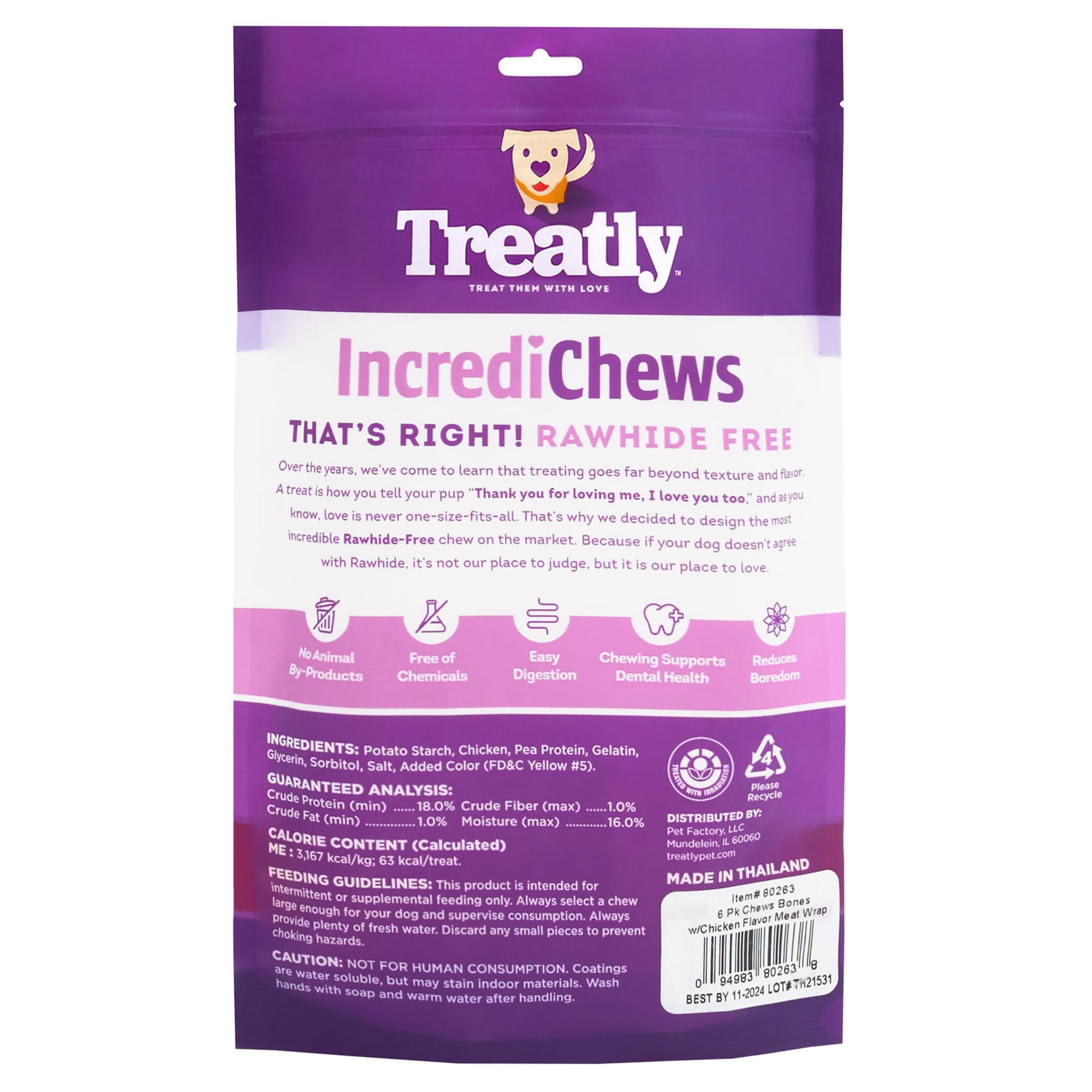 Treatly IncrediChews Bone w/Chicken Meat Wrap Dog Chew Treats - 6 Count/1 Pack