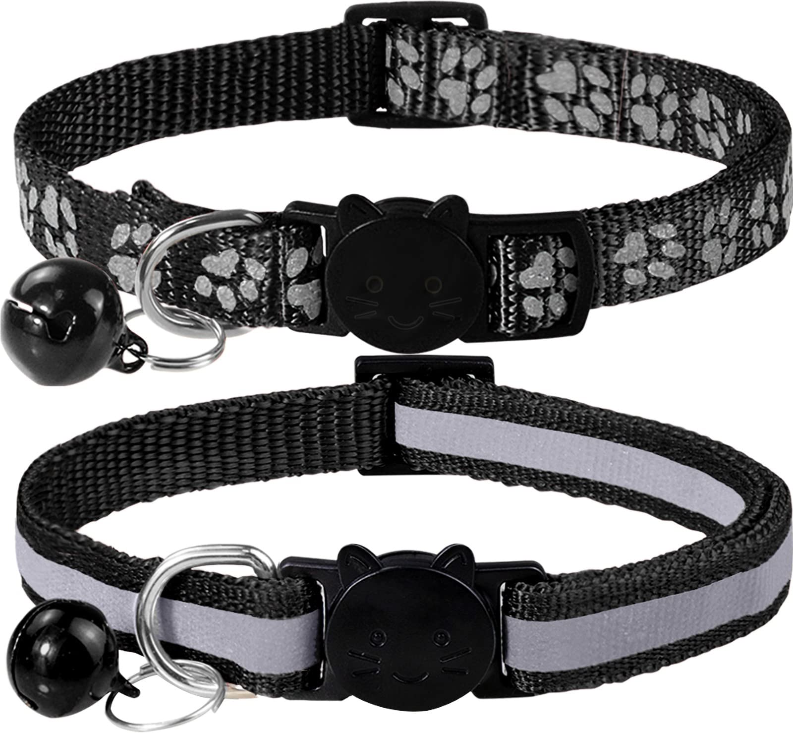 Taglory Reflective Cat Collars Breakaway With Bell, 2-Pack Girl Boy Pet Kitten Collar Adjustable 7.5-12.5 Inch, Black