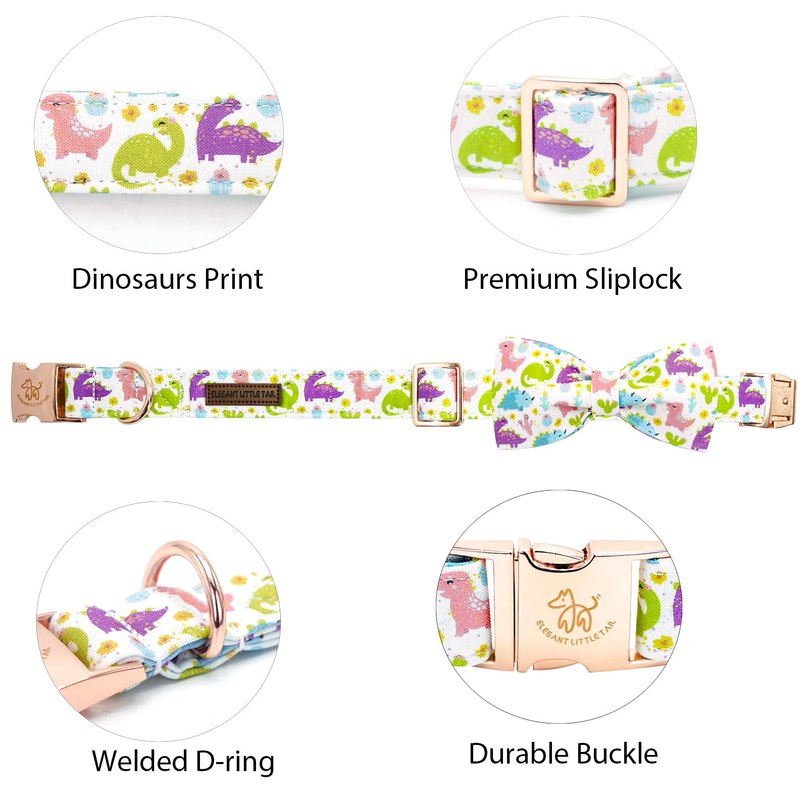 Elegant Little Tail Dog Collar- Cute Dinosaur Dog Collar With Bow For Medium Dogs, Male Adjustable Cotton Summer Pet Bow Holiday
