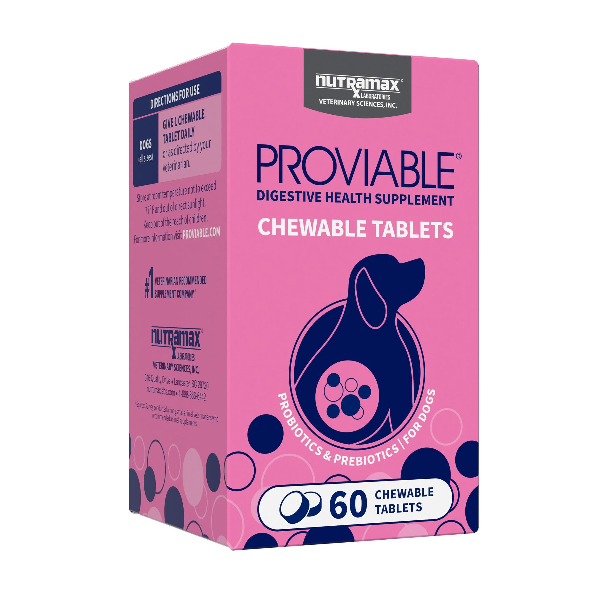 Nutramax Laboratories Proviable Digestive Health Supplement Multi-Strain Probiotics and Prebiotics for Dogs, With 7-Strains of B