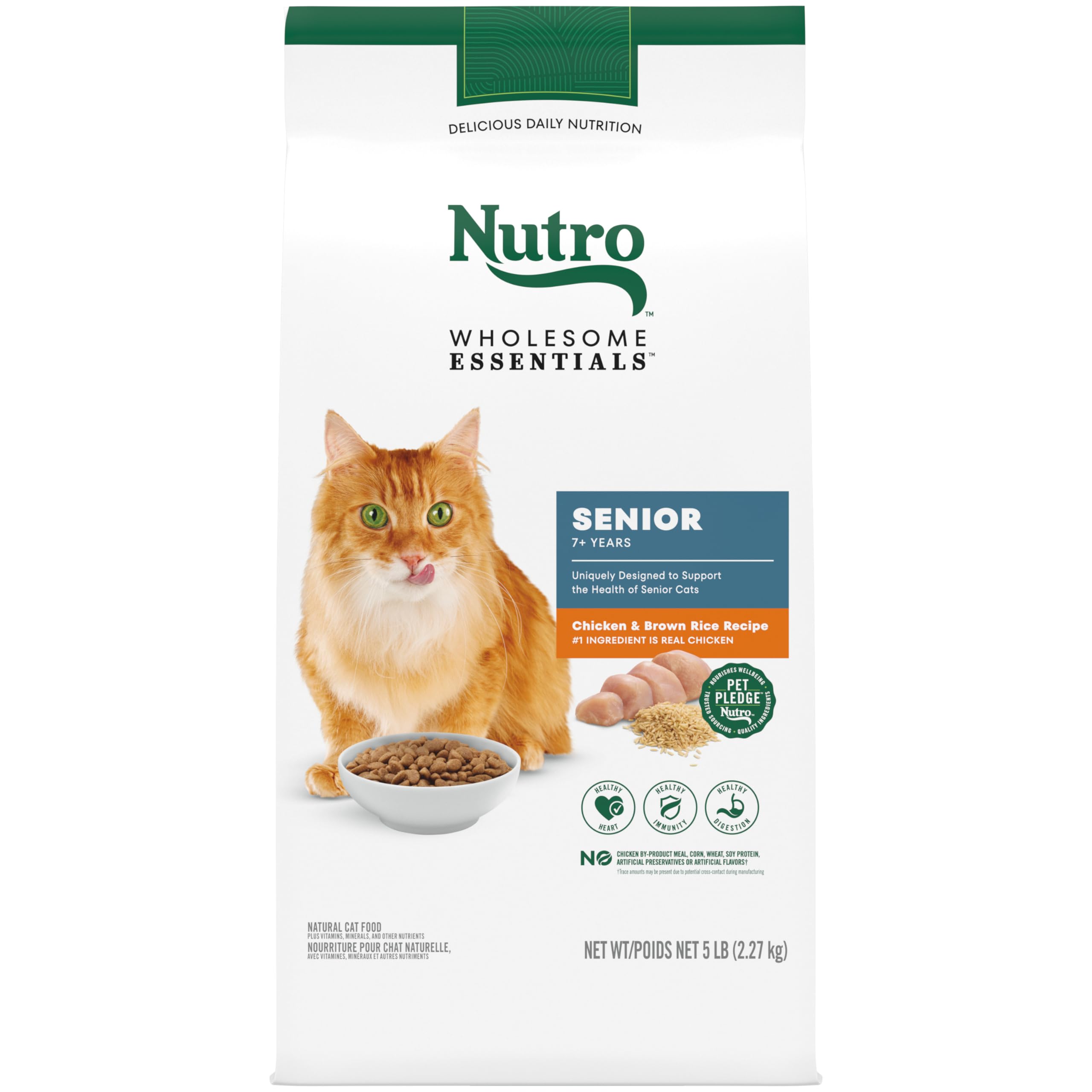 NUTRO WHOLESOME ESSENTIALS Natural Dry Cat Food, Senior Cat Chicken & Brown Rice Recipe , Kibble, 5 lb. Bag