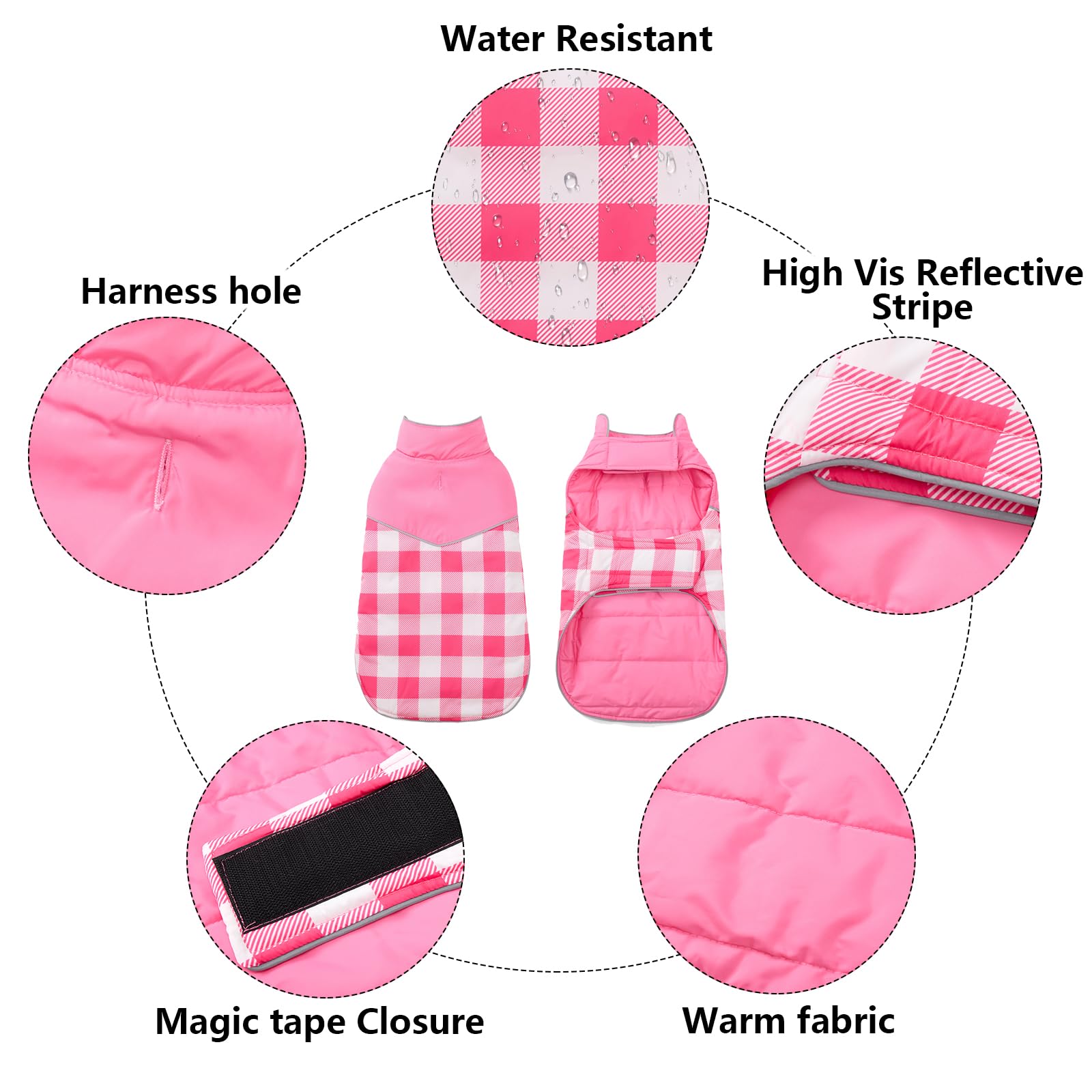 Geyecete Reversible Winter Dog Coat - Water Resistant British Style Plaid With Leash Hole, Soft Warm Jacket - Pink - X-Small