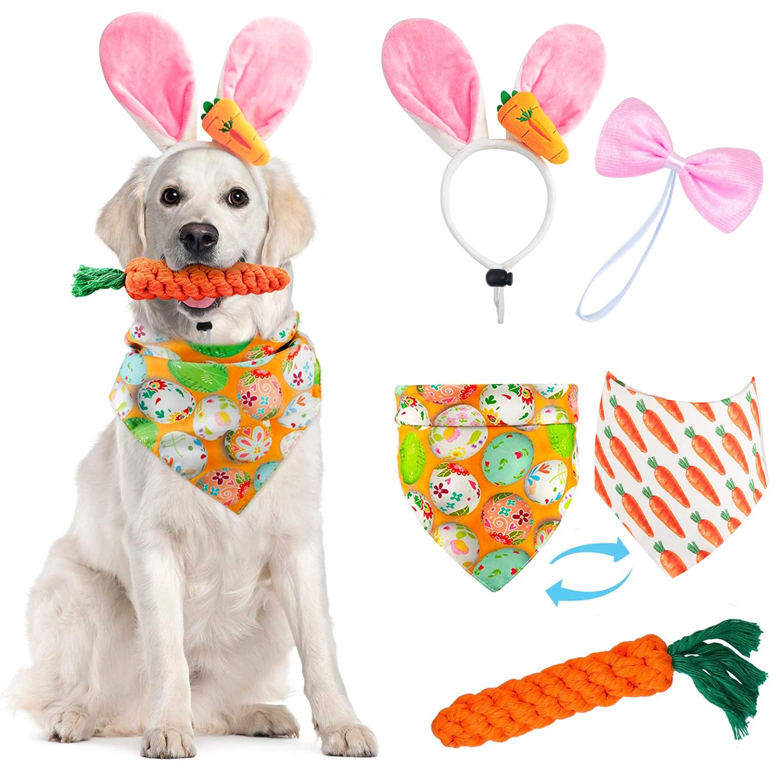 4 Pcs Easter Dog Costumes Cute Bunny Ears Headband Reversible Eggs Puppy Bandana Bowtie Pink Easter Outfits For Small Medium Lar