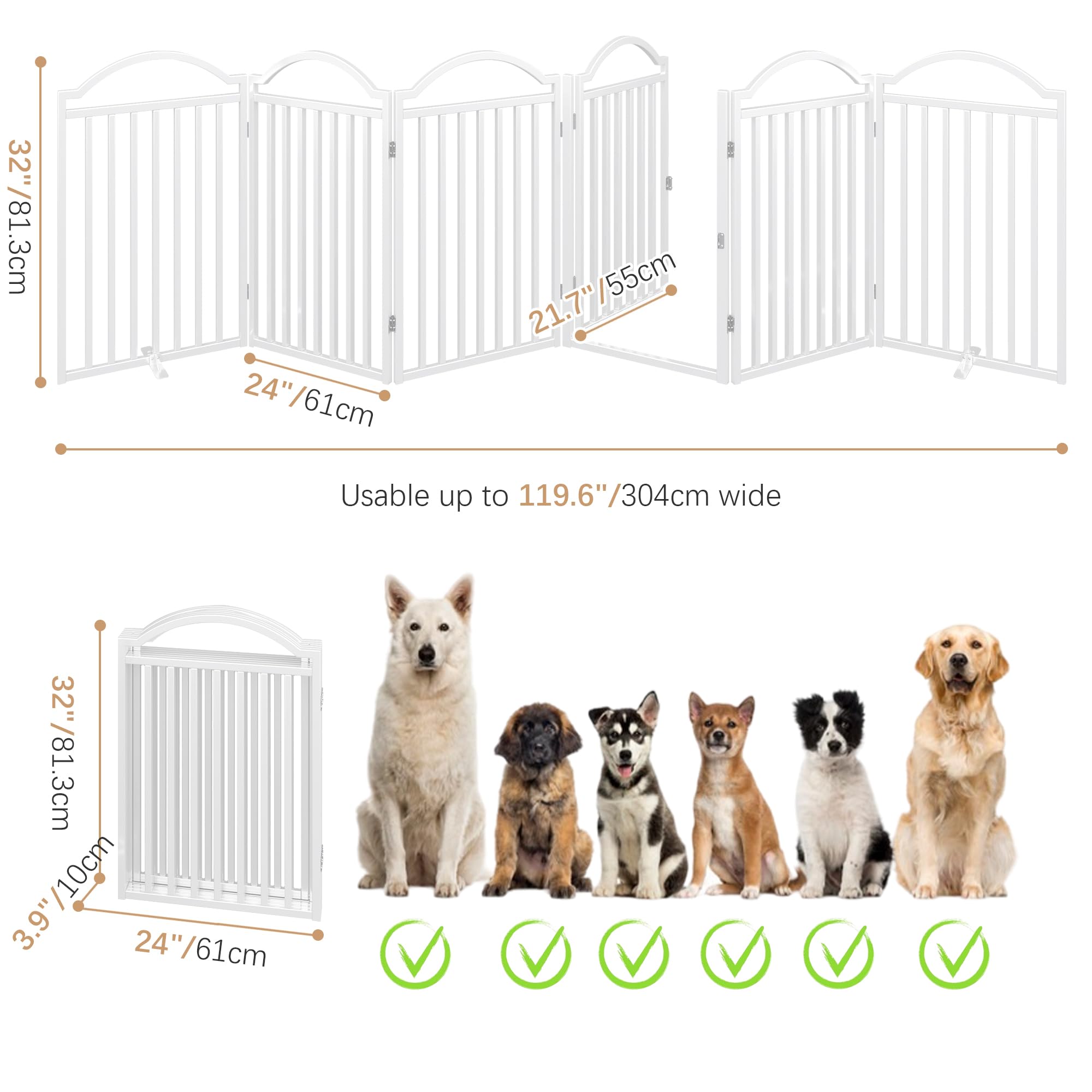BHG Metal Freestanding Dog Gate with Door, Extra Wide 144", Extra Tall 32", 6 Panels, White, Model LAS001