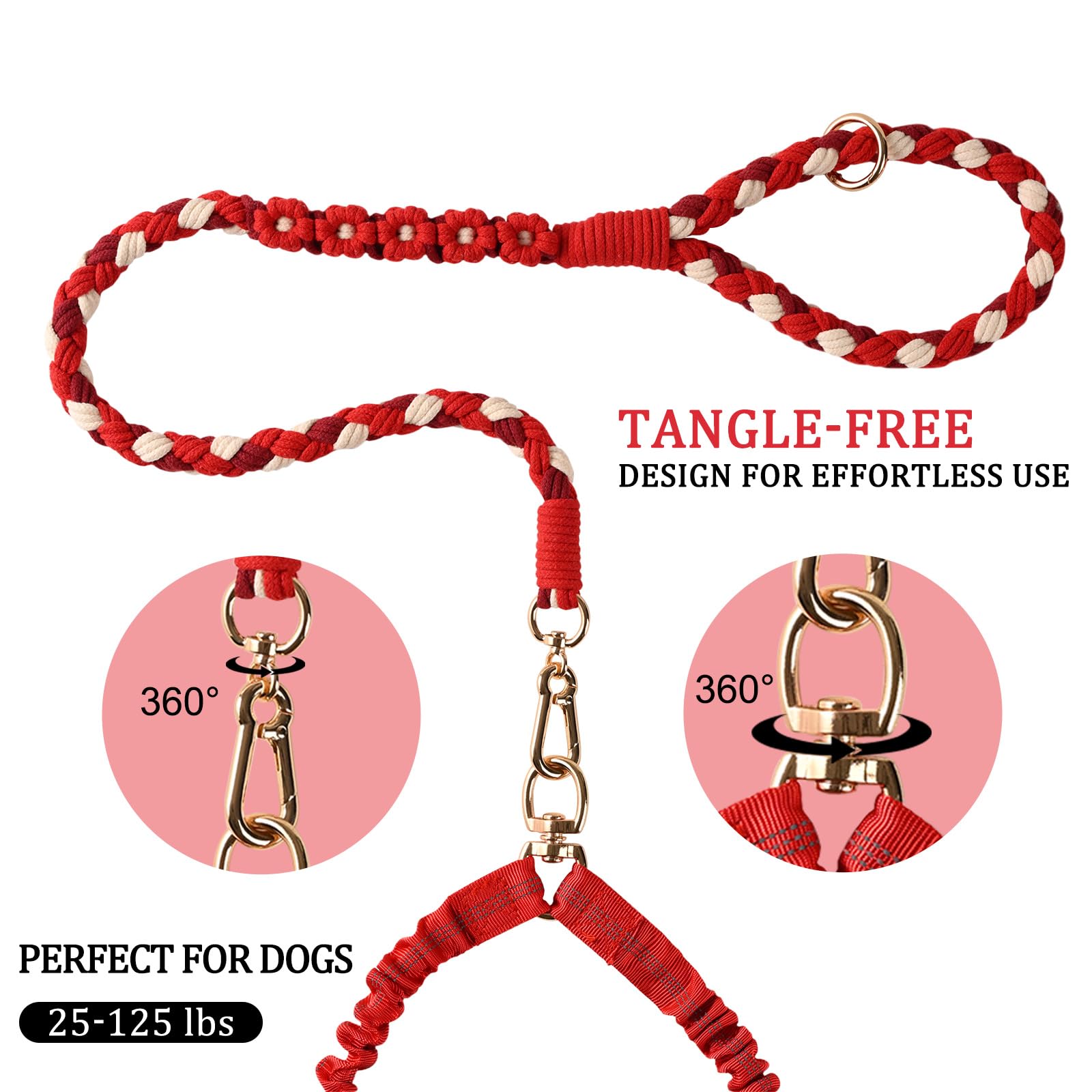 Dual Dog Leash,Double Dog 360 Swivel No Tangle Walking Leash,Comfortable Shock Absorbing Reflective Bungee For Two Dogs(Red)