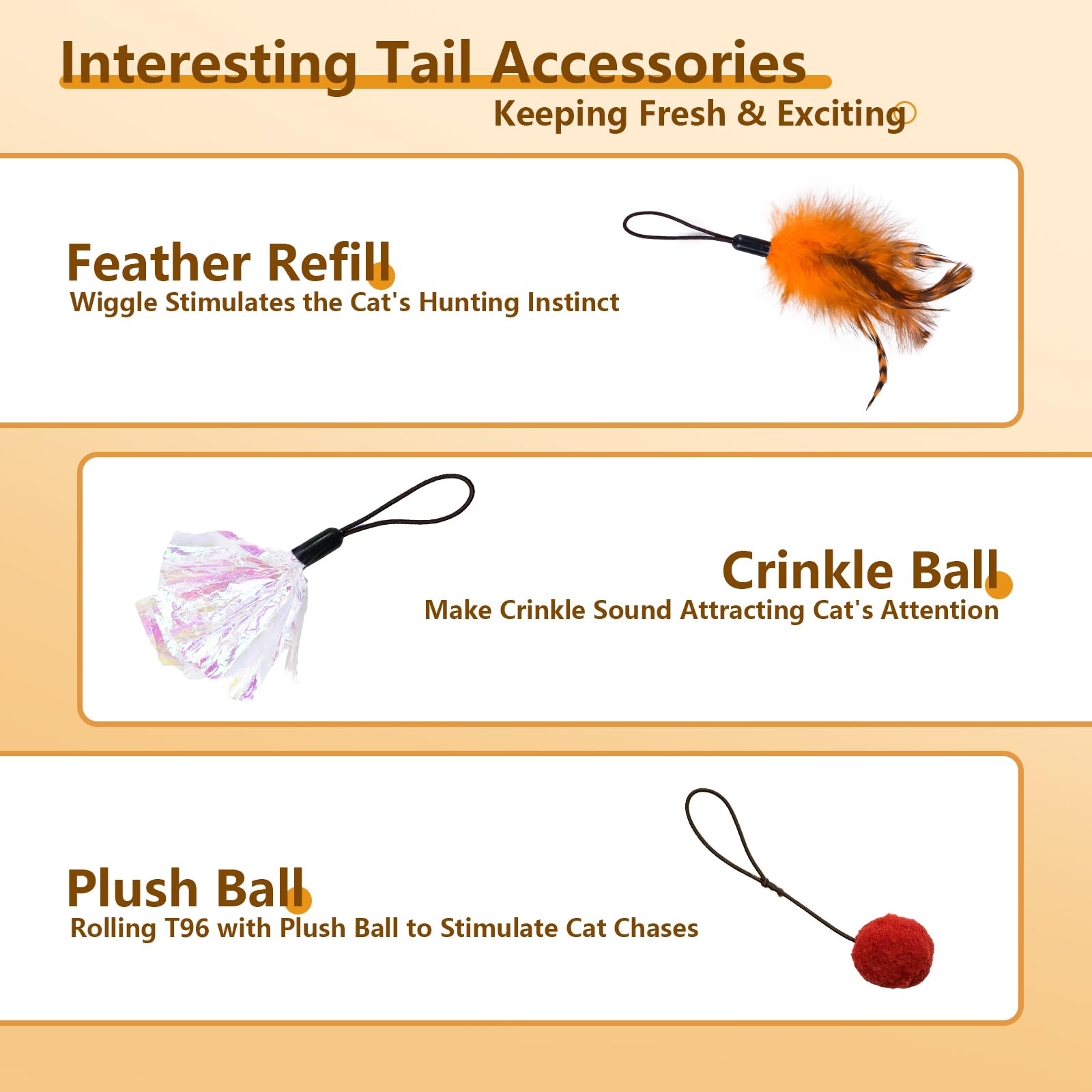 ORSDA 3 PCS Replacement Refills, Cat Toys Feather Tail,Crinkle Balls, Pom Pom Balls for Interactive Kitten Toys for Indoor Cats(