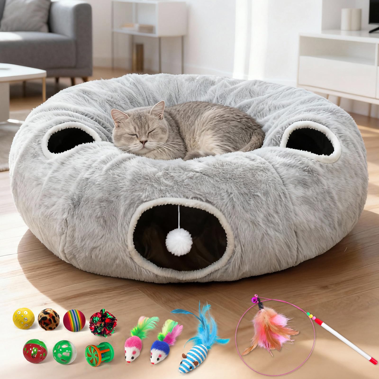 Fayavoo 4-Holes Cat Tunnel Bed for Indoor Cats, Plush Donut Play Tunnel with Removable Cushion, Cats Hideout Play Bed with 11 Ca