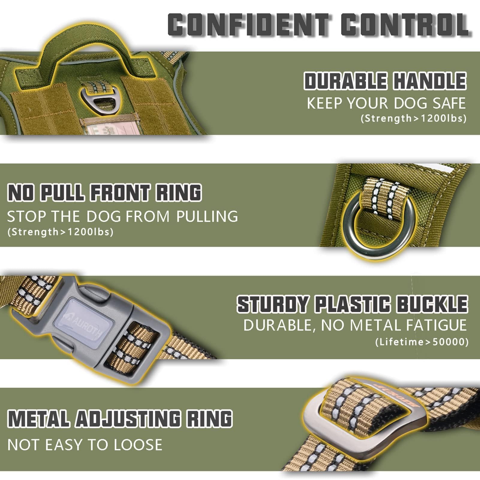 Auroth Tactical Dog Harness For Small Medium Large Dogs No Pull Adjustable Pet Harness Reflective K9 Working Training Easy Control Pet Vest Military Service Dog Harnesses L,Green