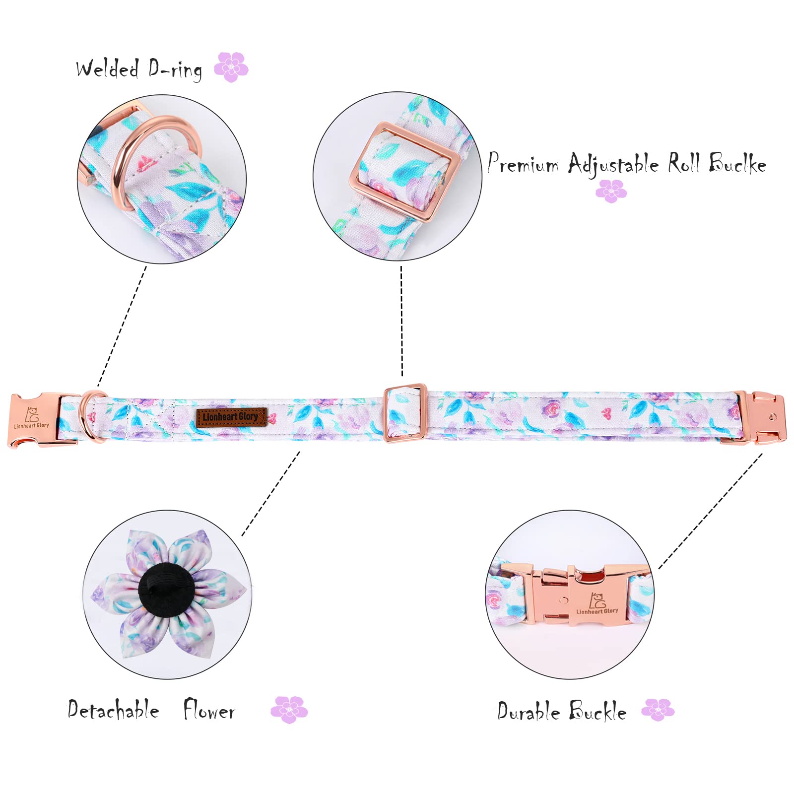 Lionheart Glory Dog Collar, Purple Dog Collar with Flower, Cute Floral Pattern Pet Collar Adjustable Dog Collar for Large Dogs