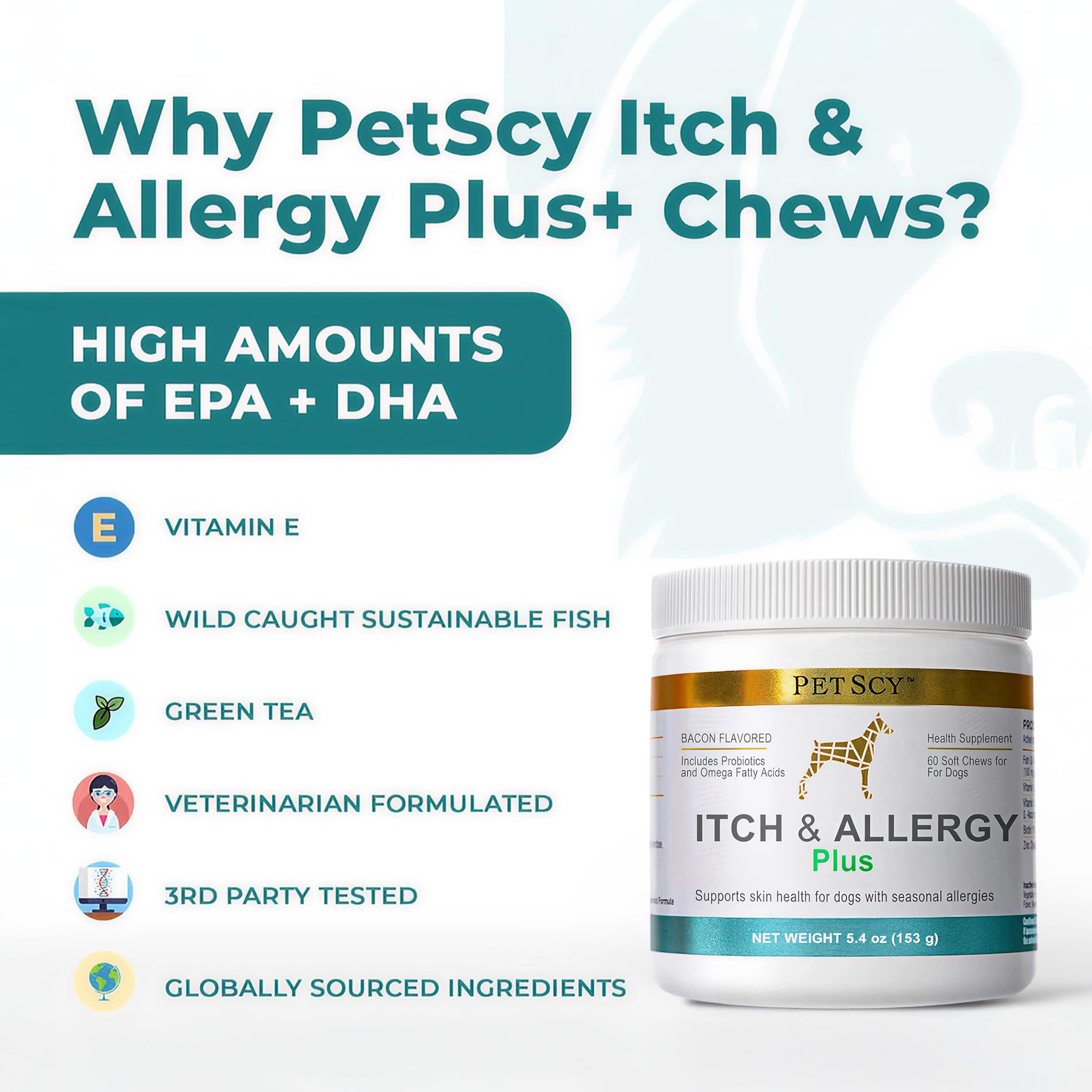 PetScy Itch & Allergy Plus Chews for Dogs Itchy Skin, Ears & Paws | Probiotics, Moringa & Turmeric | for Skin Redness, Hair Loss