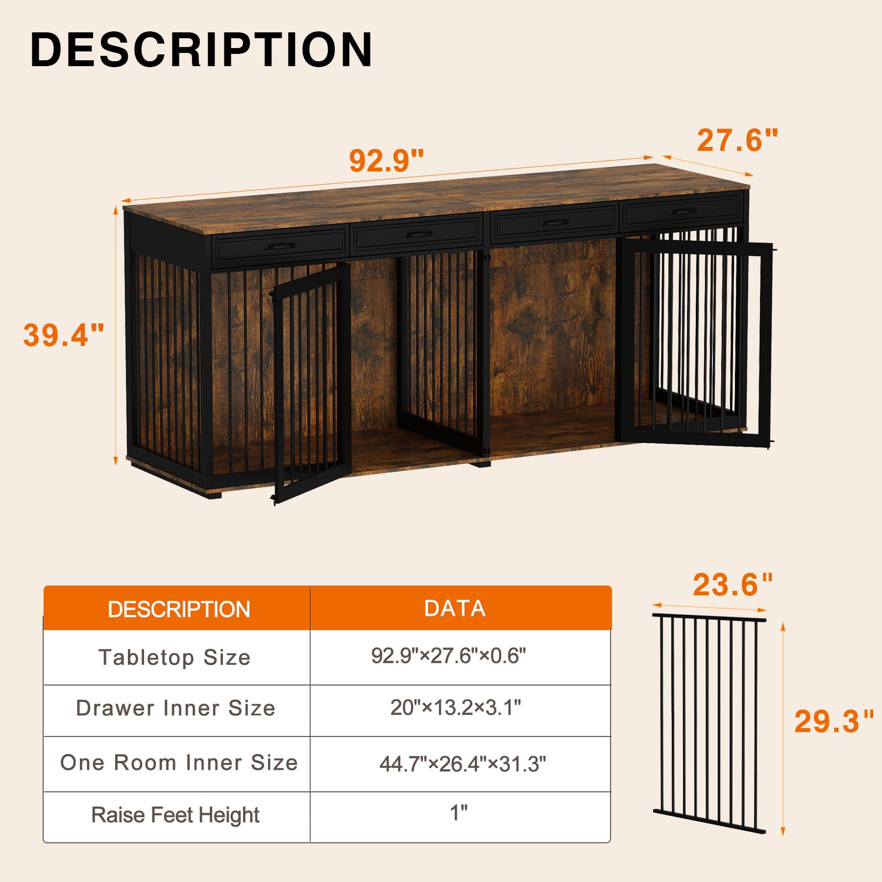 Timechee Extra Large Dog Crate with Double Rooms, 93  Heavy Duty Wooden Dog Cage Furniture Dog Crate Kennel w/Drawers & Removabl