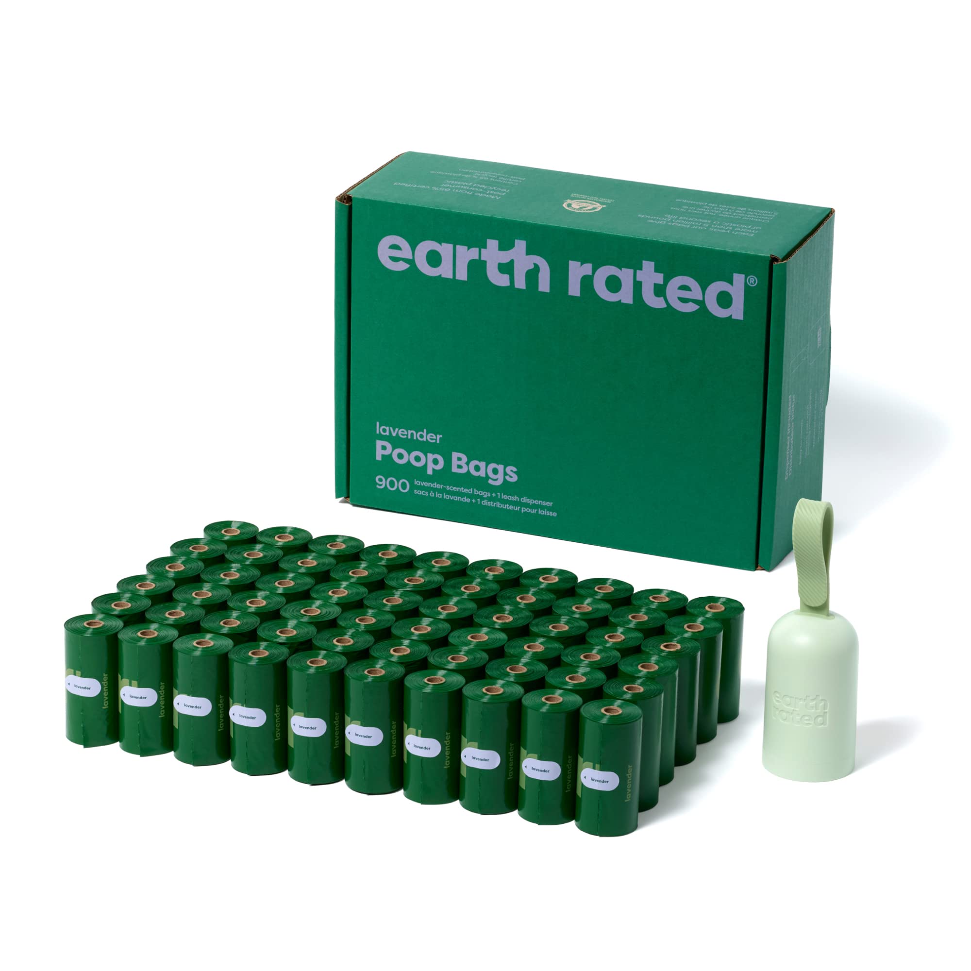 Earth Rated Dog Poop Bag Holder - 900 Count, Durable, Leakproof, Lavender Scented, Model BIOSINGLE60, Recycled Material