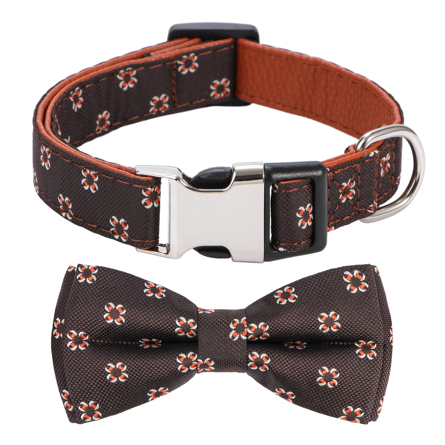 Rhea Rose Bowtie Dog Collar Flower Floral Pattern With Bow Tie Brown For Boy Girl Dogs Large
