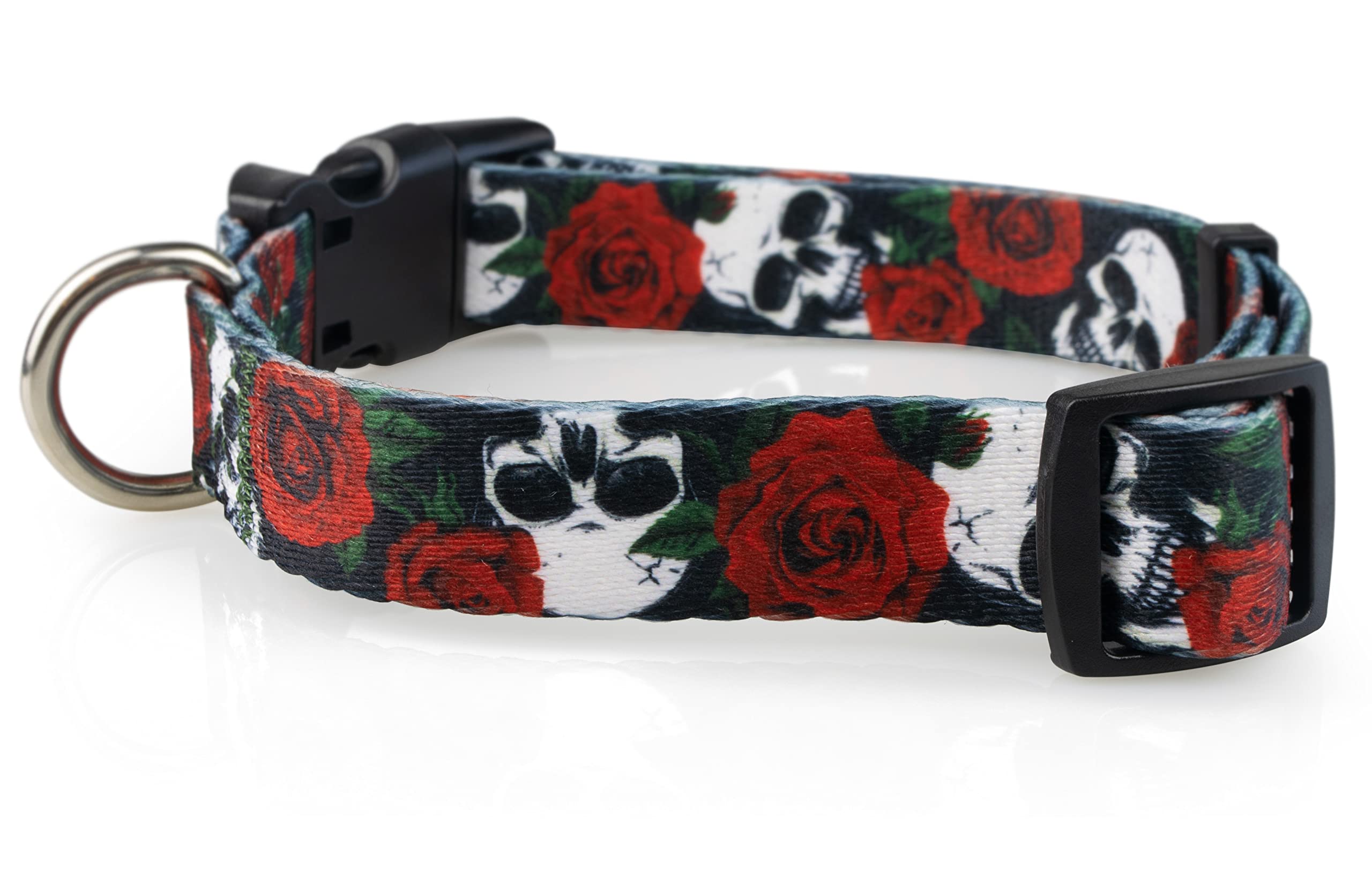 Limeloot Skulls and Roses Dog Collar for Small Dogs, Boy or Girl Dog Collar with Flowers and Skulls, Small