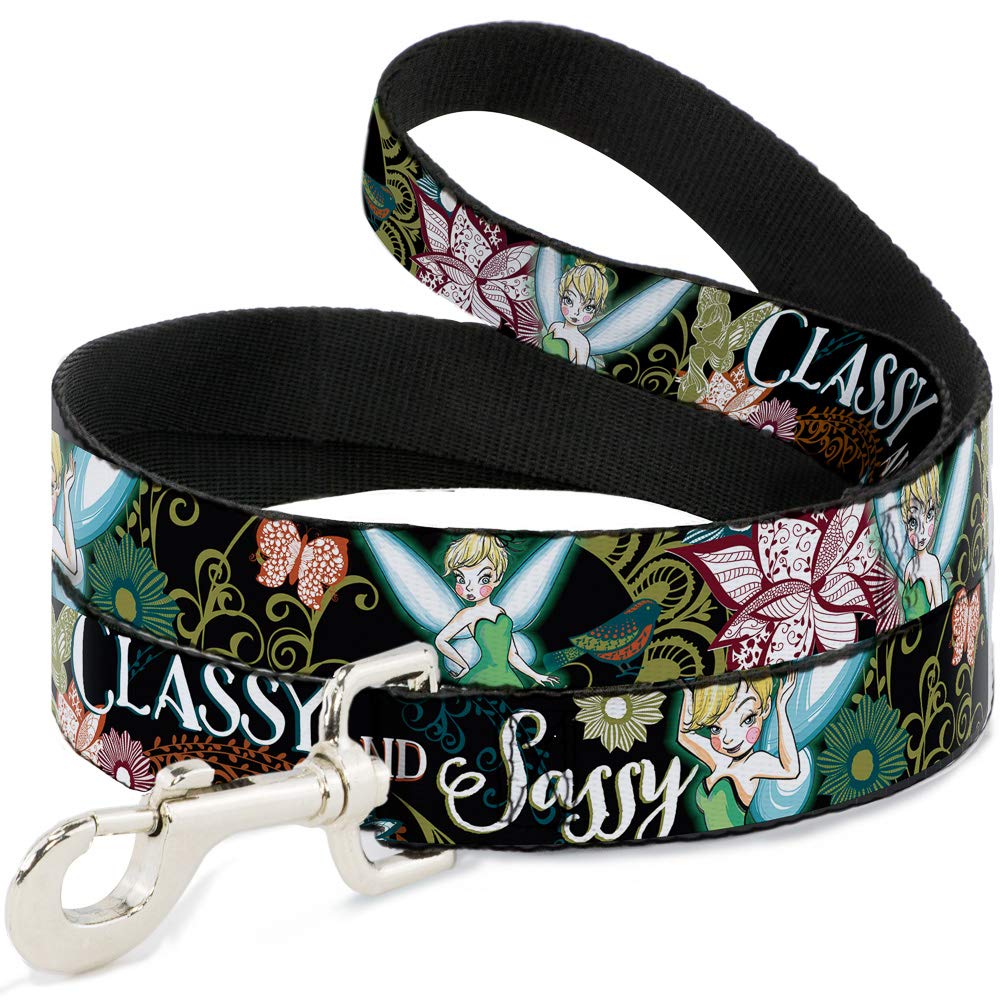 Buckle-Down Pet Leash - Tinker Bell Floral Collage Classy And Sassy - 6 Feet Long - 1' Wide