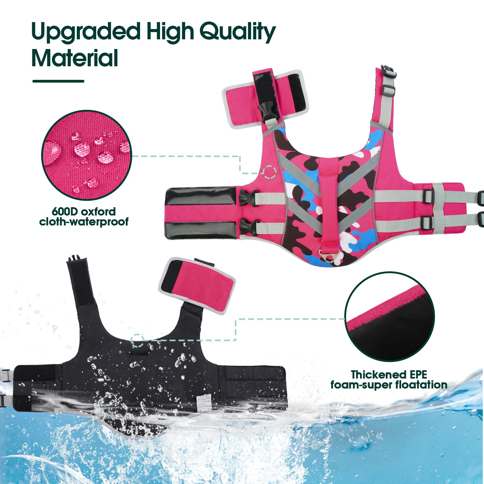 Kuoser Dog Life Jacket With Reflective Stripes - Adjustable High Visibility Vest, Ripstop Lifesaver, Pet Preserver With High Flo