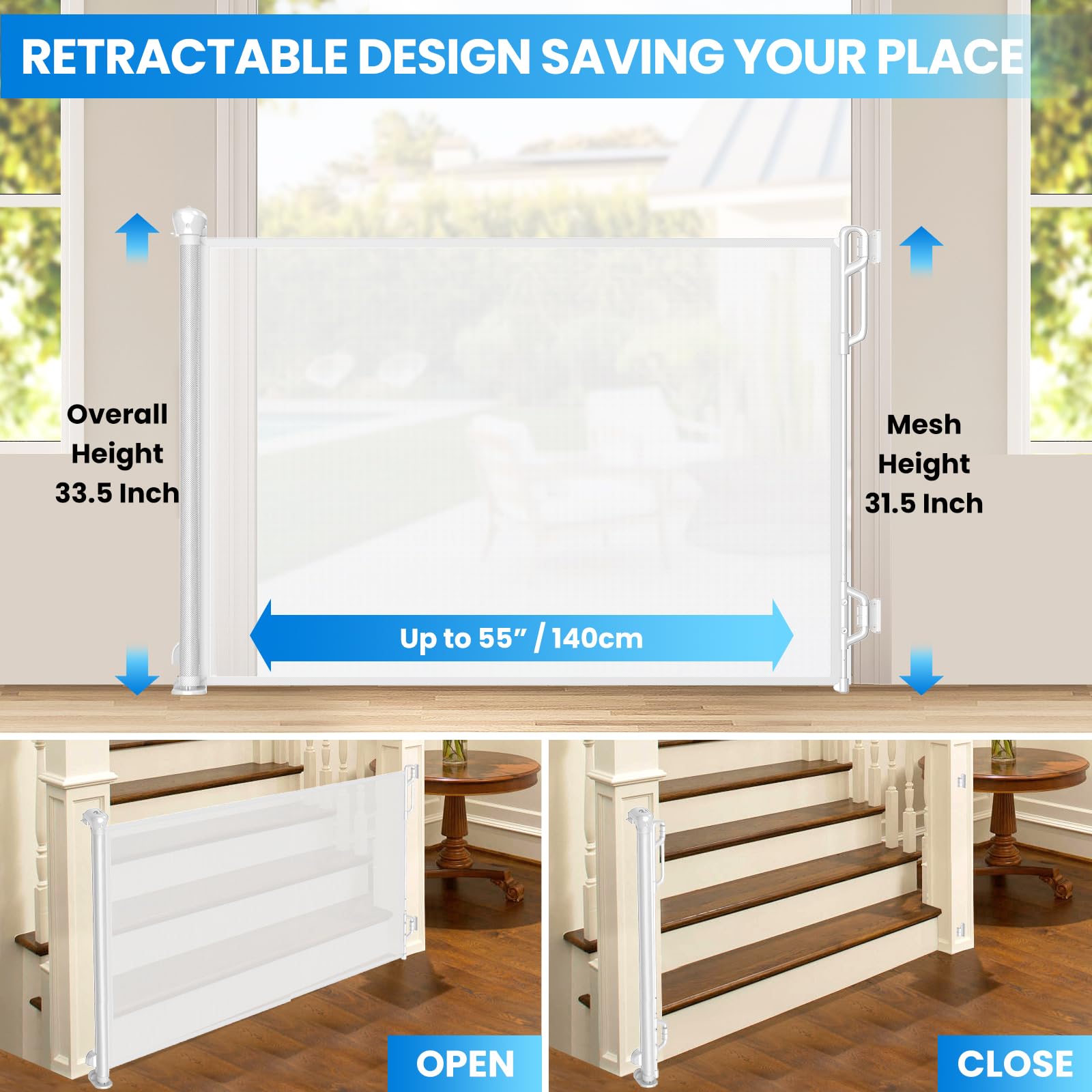 Spaceany Retractable Safety Baby Gate or Mesh Dog Gate,Durable Portable Mesh Retractable Gate,Easy to Use for Stairs, Doorways,