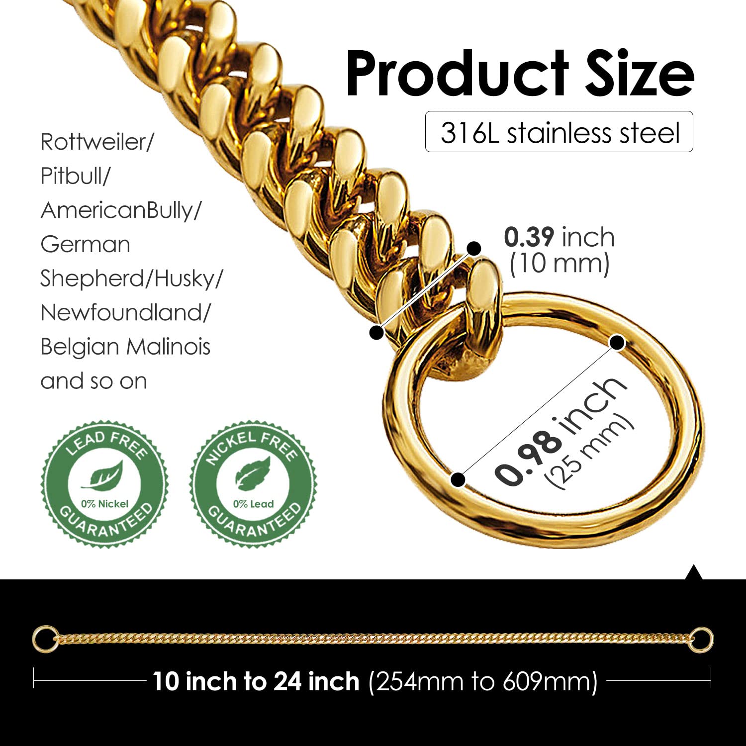 Txprodogchains 18K Gold Chain Dog Collar 10Mm Cuban Link Chain Stainless Steel Metal Links Walking Training Collar For Small Medium Large Dogs 10In To 24In (10' (Neck Fits 6'-8'), 18K Gold)