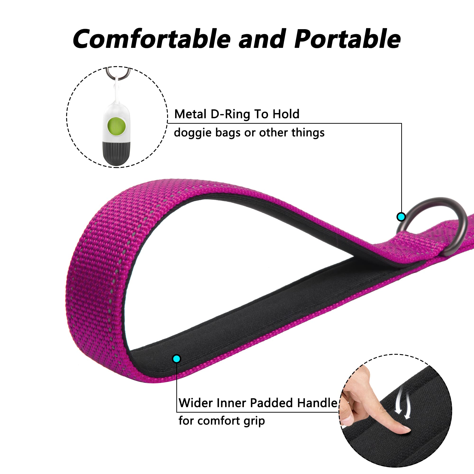 Petifine 5Ft Heavy Duty Dog Leash With Soft Padded Double Handle, Durable Strong Clasp Dog Leashes, Reflective Nylon Walking Lead For Large,Medium,Small Breed Dogs, Rose